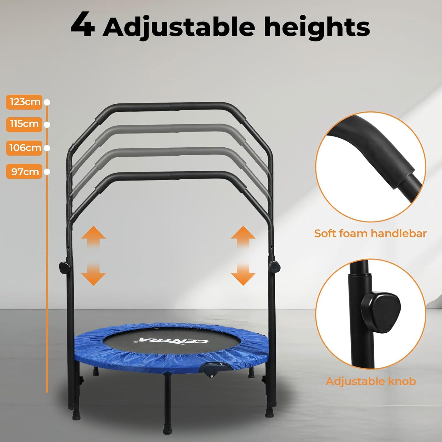Centra 40" Foldable Mini Trampoline Rebounder,Fitness Trampolines with U Shape Adjustable Foam Handle, Stable Quiet Rebounder, Exercise Trampoline for Adults and Kids Indoor Garden image number 3
