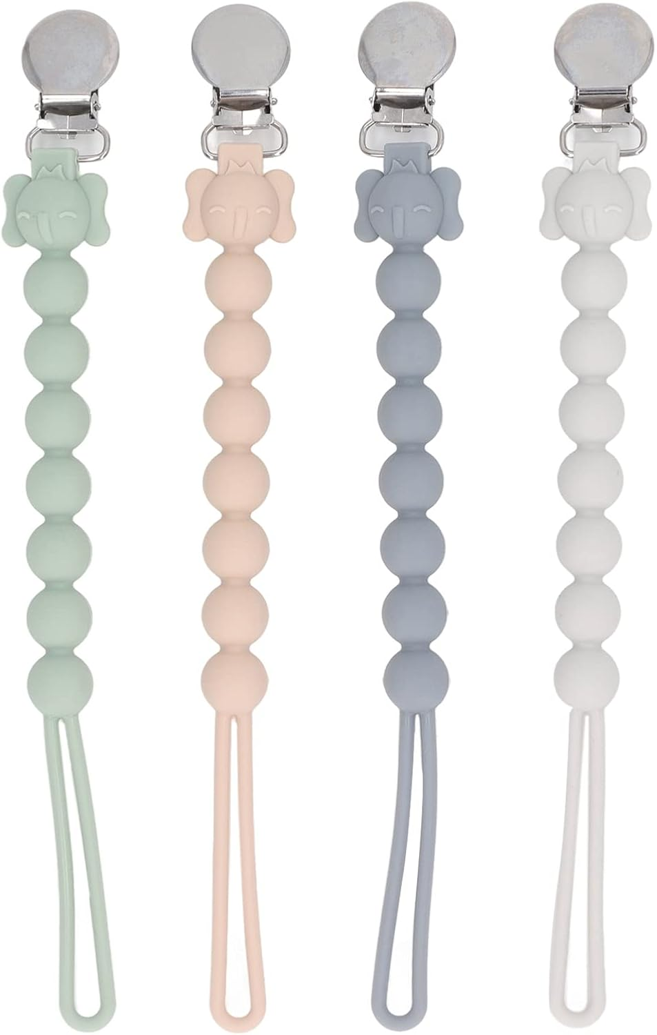 Changor Silicone Pacifier Chain, Elephant Design Secure Clamp Soft Silicone Pacifier Clips for Clothing Blankets Strollers Diaper Bags, 4 Colors (White Grey Green Pink) 23.6Cm 4Pcs image number 6