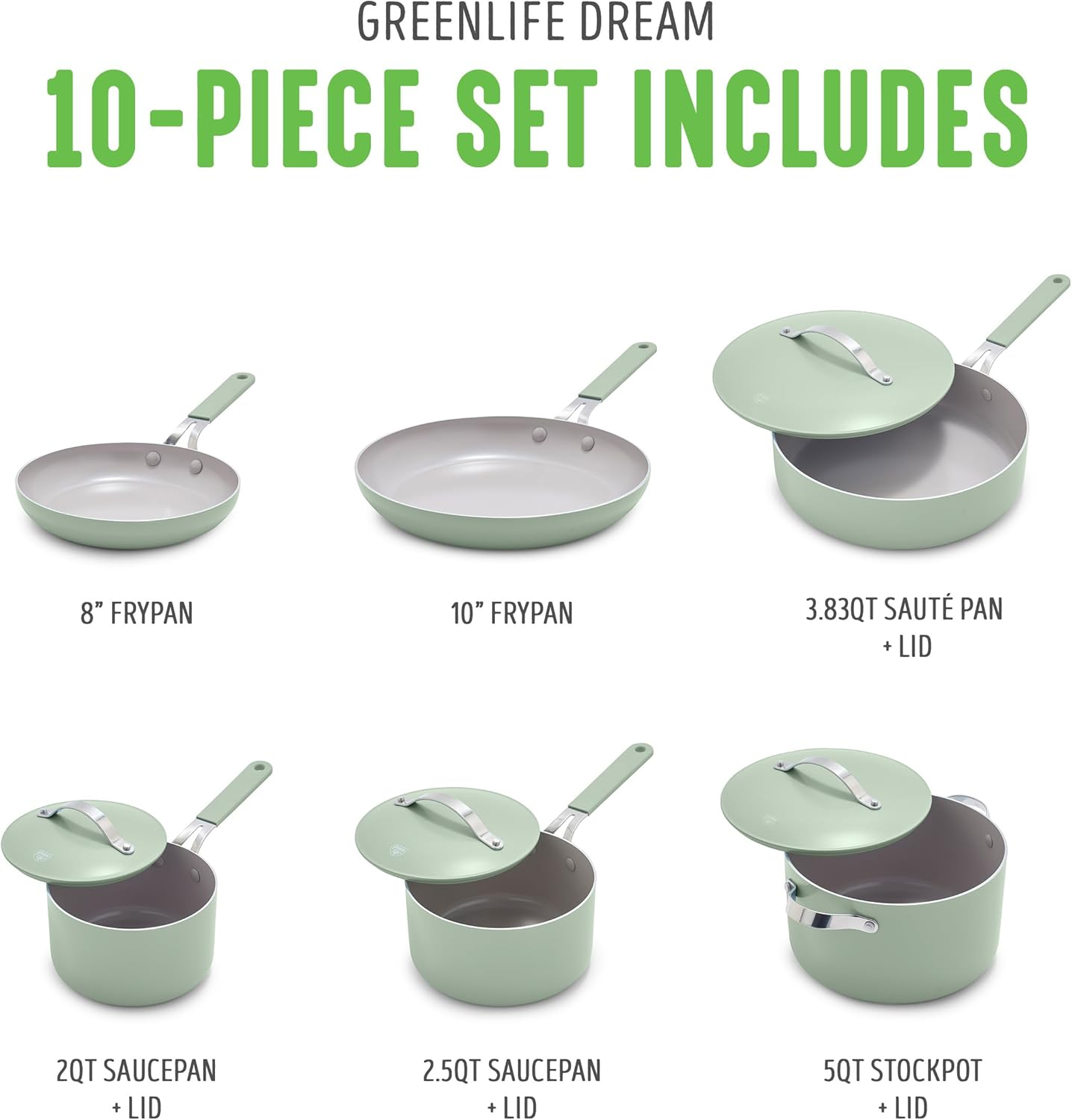Greenlife Dream 10 Piece Healthy Ceramic Nonstick Cookware Set, Pots and Frying Sauce Saute Pans Set, Pfas-Free, Pfoa-Free, Dishwasher Safe, Oven Safe, Stay-Cool Handle, Sage Green
