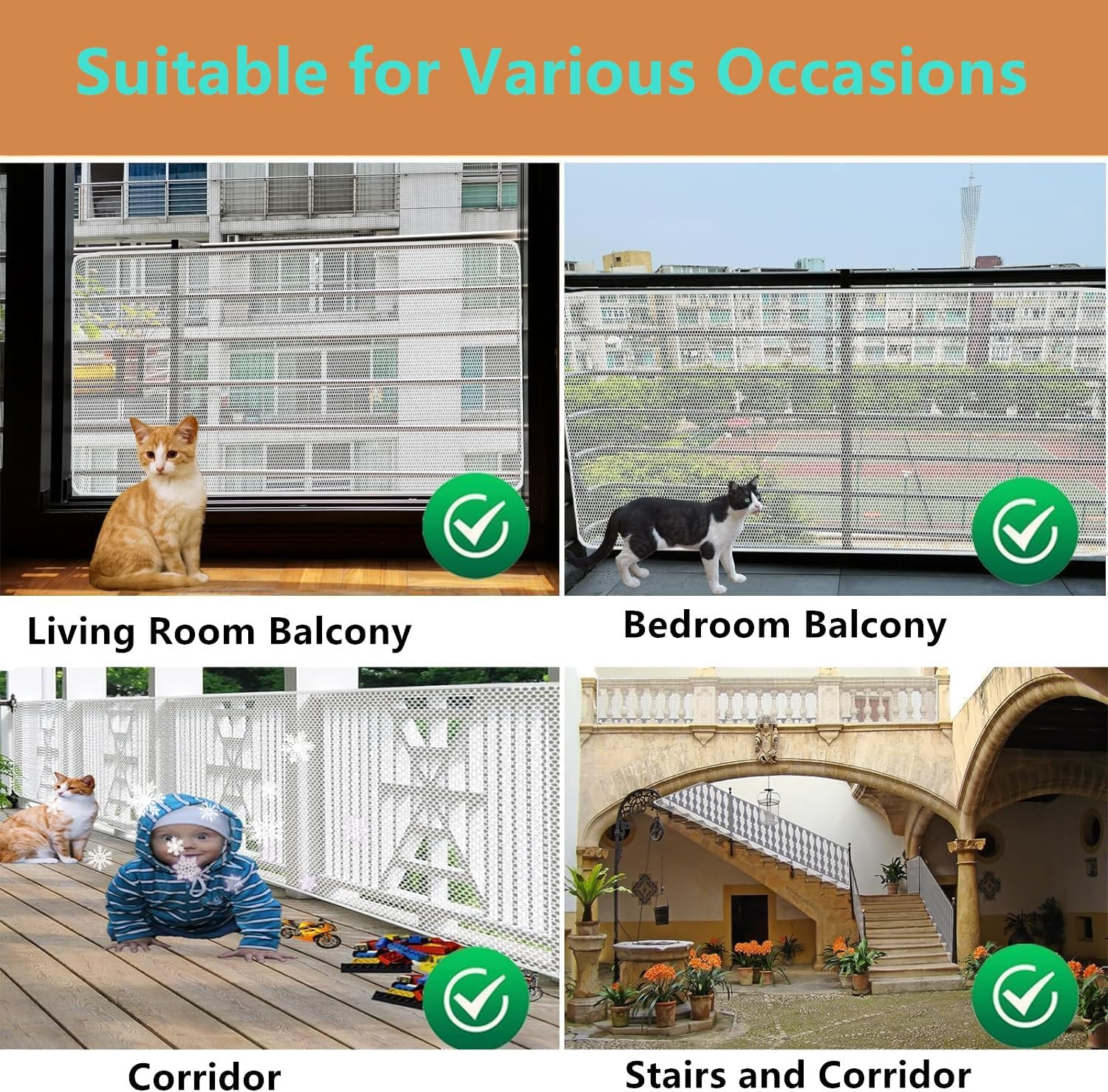 Stair Protection Net Balcony Net for Pets Stair Net for Pets Railing Safety Net for Proofing Proof Balcony Net Cat Netting,For Stairs/Railings, Indoor Outdoor Use, White