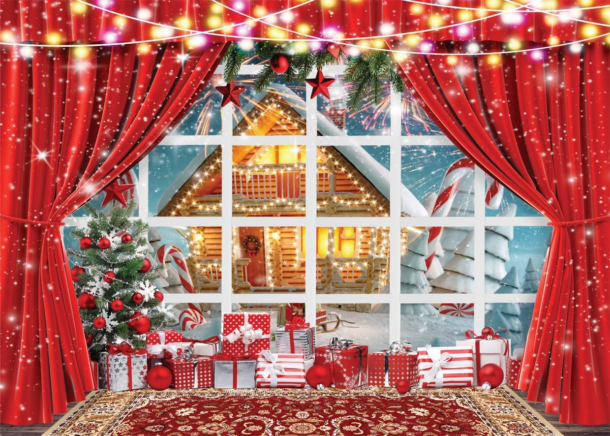 LYCGS 8X6Ft Christmas Backdrop Winter Christmas Window Photography Background Xmas Party Backdrop Xmas Tree Snow Fireworks Cartoon Christmas Photo Backdrops X-166 image number 2