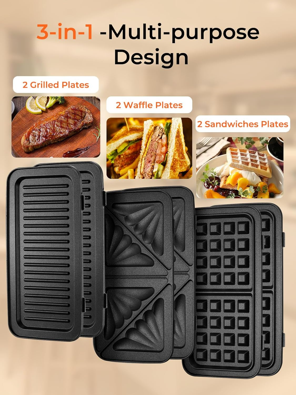 Sandwich Maker 1200 Watt Waffle Iron Sandwich Toaster 3 in 1 (Sandwich, Waffle, Grill Plate), Housnat Contact Grill with 5-Speed Temperature Control and Non-Stick Coating Plates, LED Display image number 4