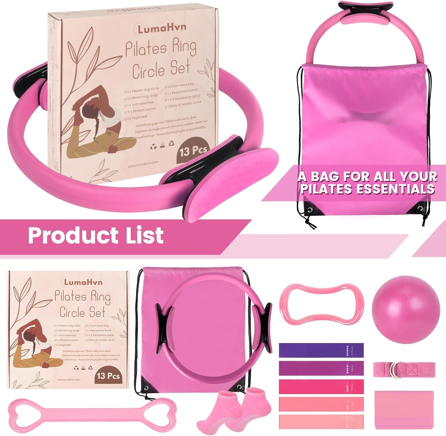 Pilates Ring Essentials Kit for Women, Home Workout Equipment Set with 9.8&rdquo; Ball, Resistance Bands, Magic Circle, Accessories, Pilates Set for Beginners, Toning, Fitness Gift Idea image number 2