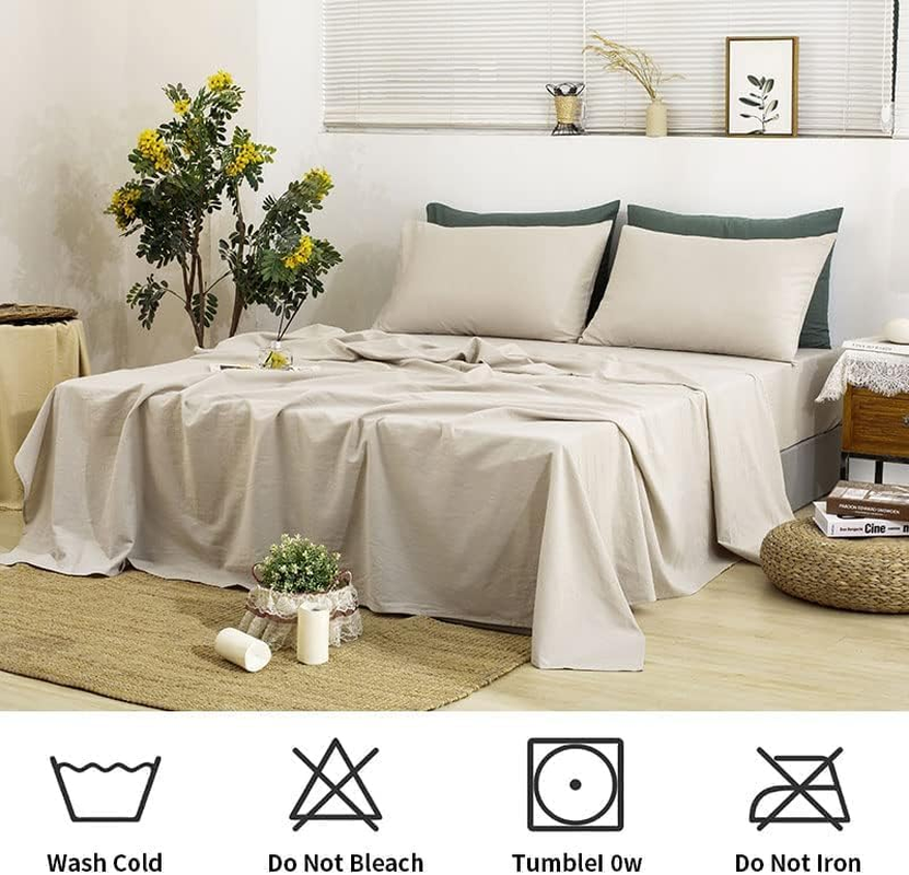 TUMEI 4 Pieces 100% Stonewashed French Linen Bedding Sheets Set, 16" Deep Pocket, 1 Fitted Sheet & 1 Flat Sheet & 2 Pillowcases, Solid Color, Soft & Comfortable (Natural Color, Queen Size) image number 1