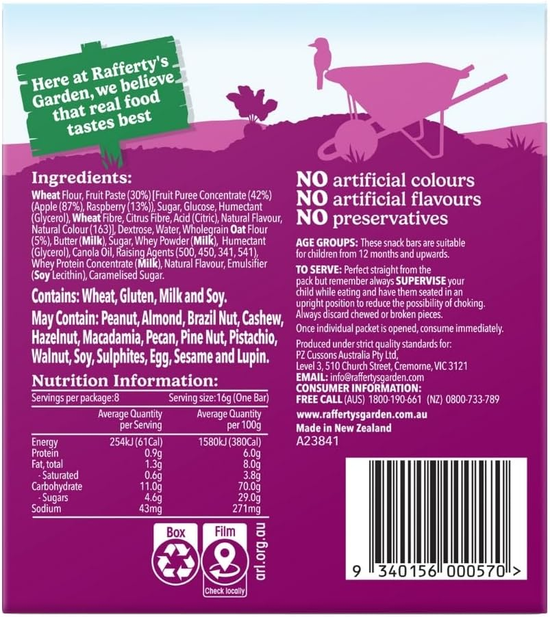 Rafferty'S Garden Apple and Raspberry Snack Bars for Babies 128 G (Case of 6)