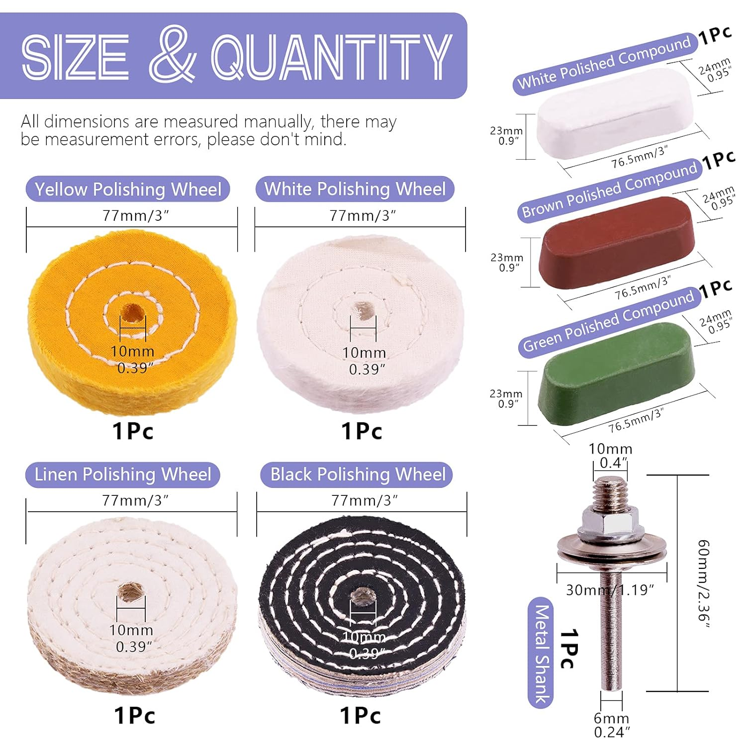 Swpeet 3" Buffing Polishing Wheels Polish Pad 8Pcs Kit with 3Pcs Polishing Compounds and 1/4" Drill Shank, White Cotton(50Ply)/ Yellow Cotton(36Ply)/Coarse Linen/Denim Wheels for Bench Grinder image number 6