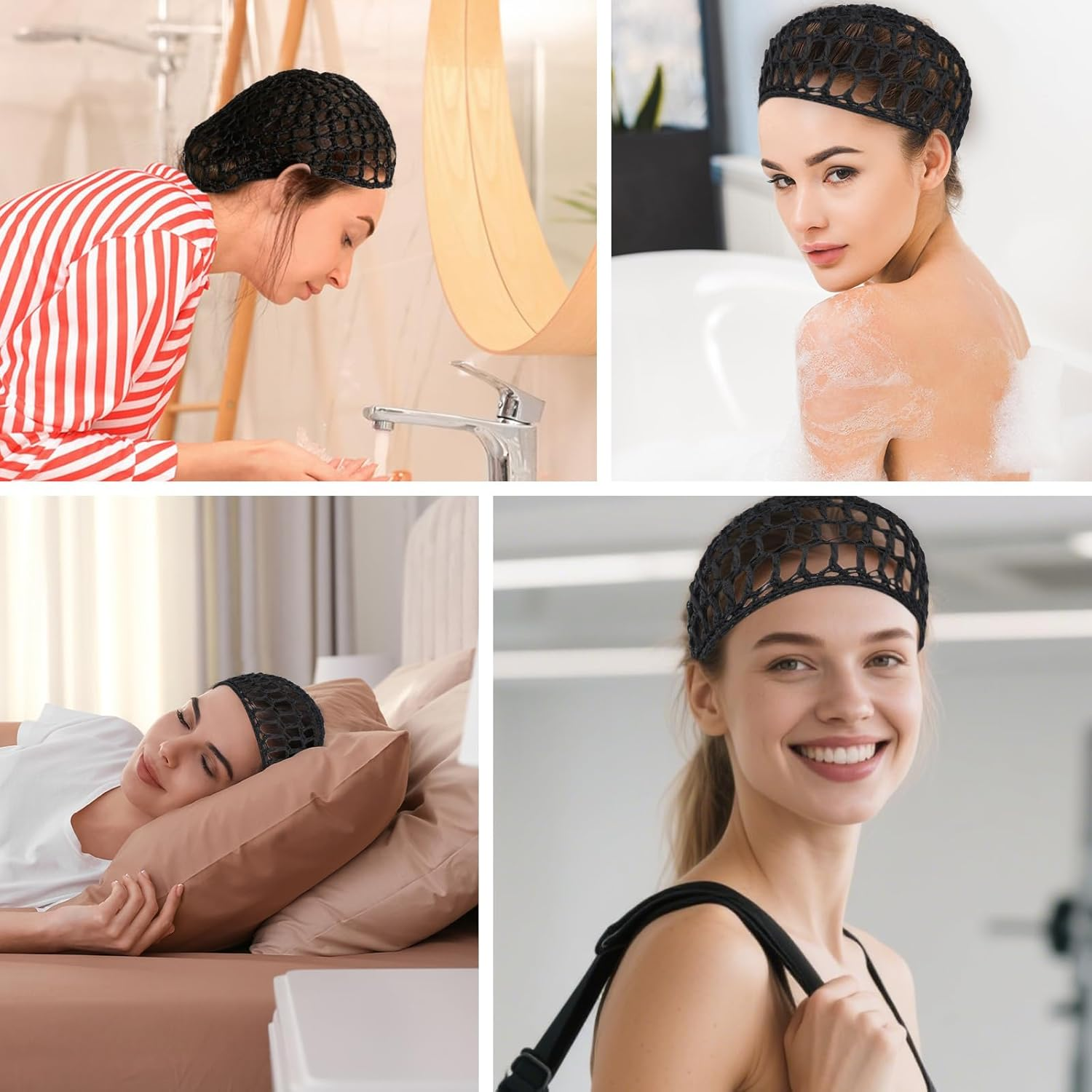 2 PCS Hair Nets for Sleeping,Crochet Mesh Wrap Caps for Silk Press, Curly Hair & Wig Protection,Soft Reusable Bonnets for Women, Lift Strap Weaving Sew for Women Ballet,Black image number 1