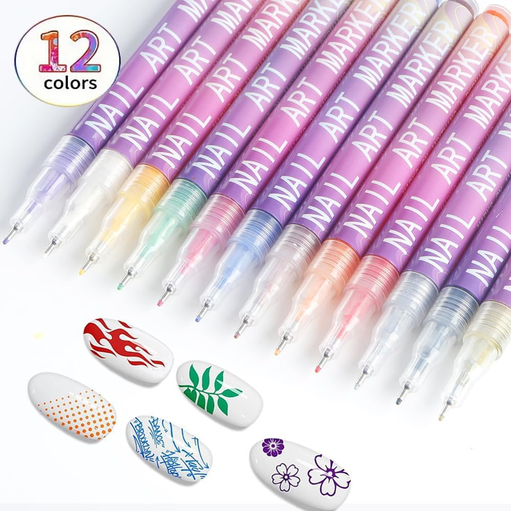 12 Colors Nail Art Pens Marker Set 0.5 MM Nail Doodle Pens, Waterproof Quick-Dry Nail Polish Pens Set for Beginners & Professionals DIY Nails Design Manicure Tools image number 2