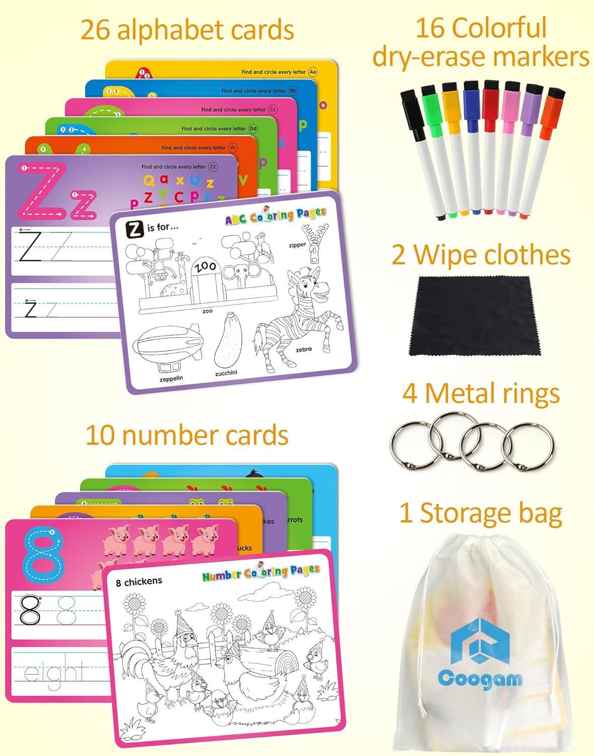 Coogam Handwriting Drawing Practice Cards, 36Pcs Alphabet Number Painting Coloring with Pens, Double Sided Write and Wipe Tracing Flashcards, Educational Montessori Toy for 3 4 5 Year Old Kids
