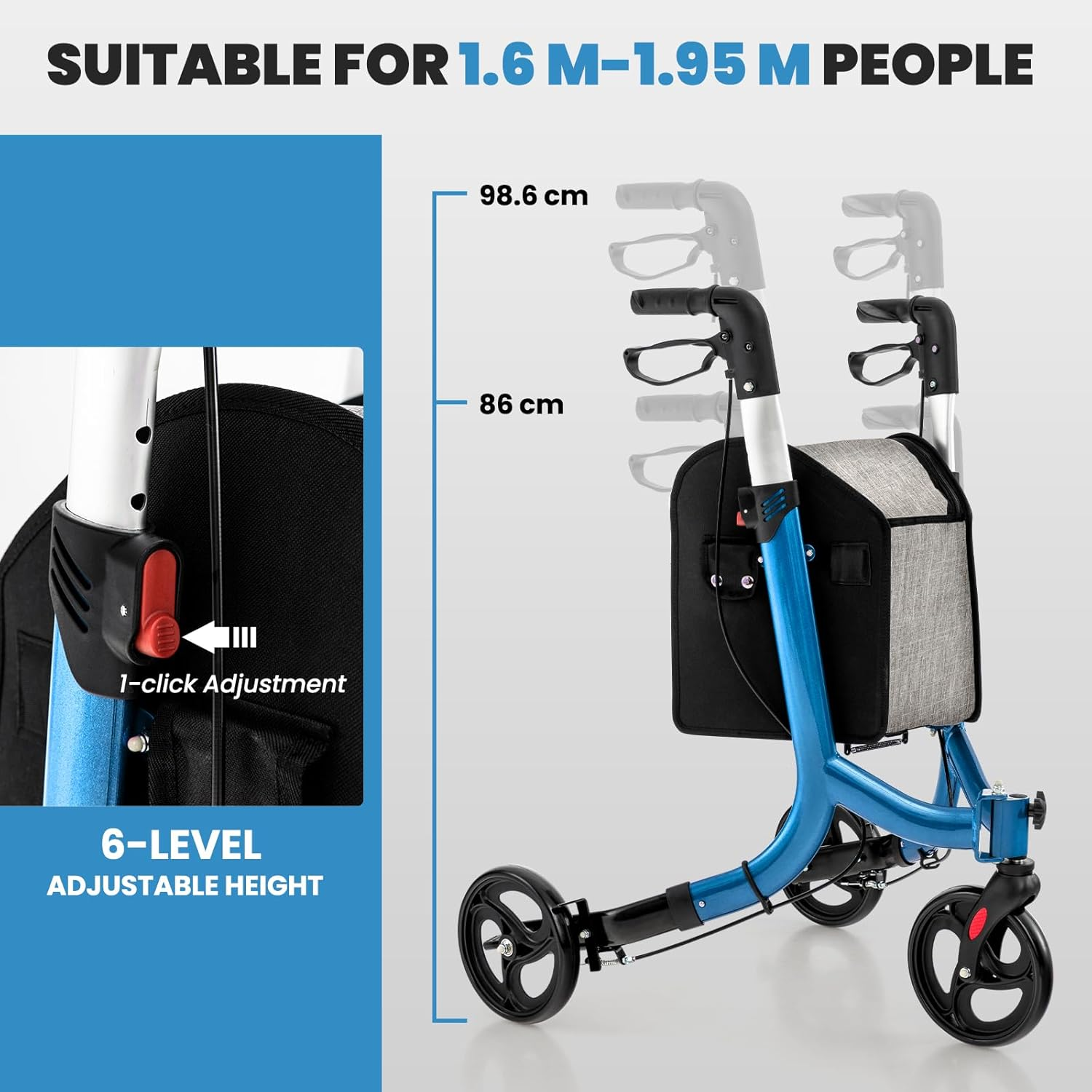 Costway 3 Wheel Rollator Walker, Folding Aluminum Rolling Walker W/Zippered Storage Bag, Safe Dual Brake System & 8" Wheels, Lightweight Medical Standard Rollator for Elderly Seniors (Blue) - Red image number 4