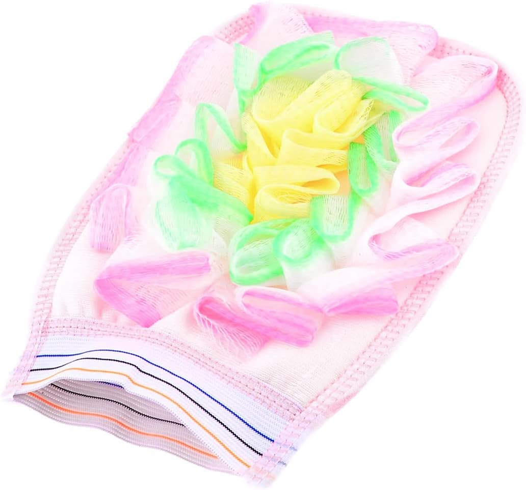Ruilogod White Pink Stripes Pattern Sponge Mesh Clean Skin Shower Bath Glove