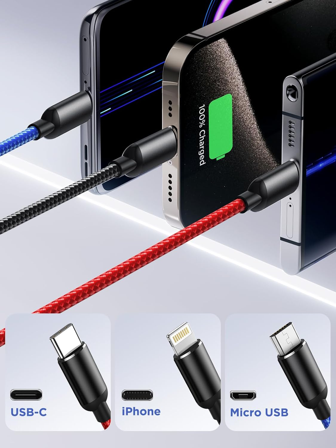 Aioneus 3 in 1 Charging Cable, Multi Charging Cable 1.2M USB C Cable 3-In-1 USB Fast Charging Cable with Type-C, Micro USB and Lightning Cable Compatible with Iphone, Galaxy, Ipad, Tablets, Huawei image number 4