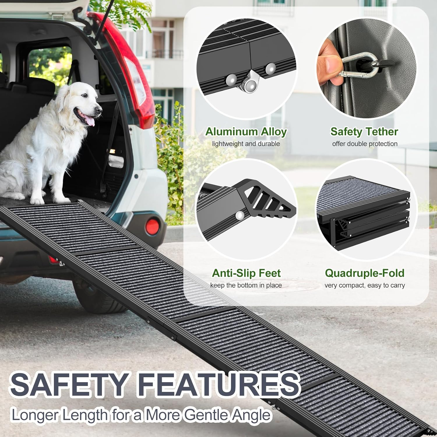 Dog Ramp for Car, 63" Long & 17" Wide Folding Portable Pet Stair Ramp with Non-Slip Rug Surface, Extra Wide Dog Steps for Medium & Large Dogs up to 250LBS Enter a Car, SUV & Truck image number 6