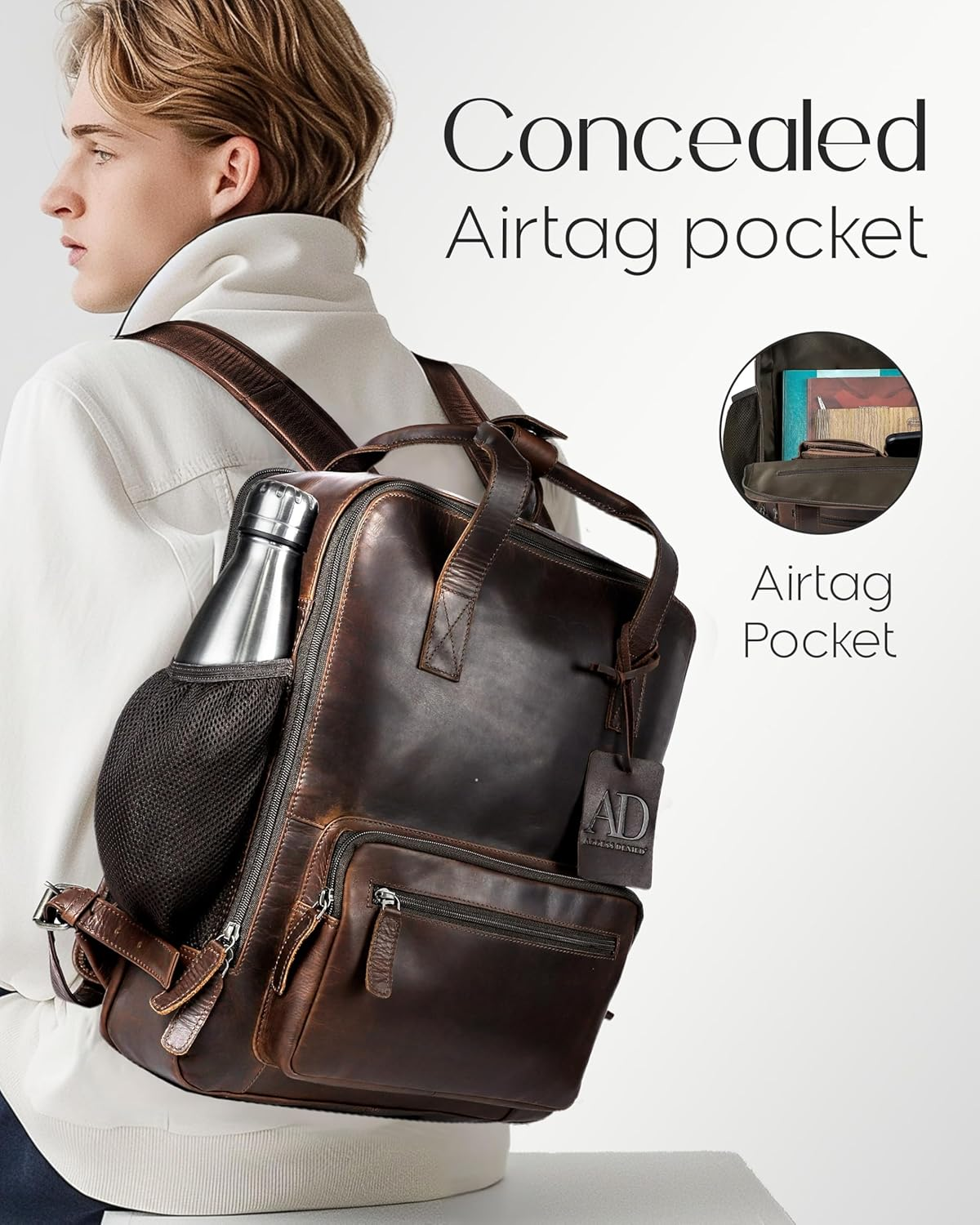 Access Denied Leather Laptop Backpack Outer Pocket Fits 16" Laptop Genuine Leather Backpack for Men