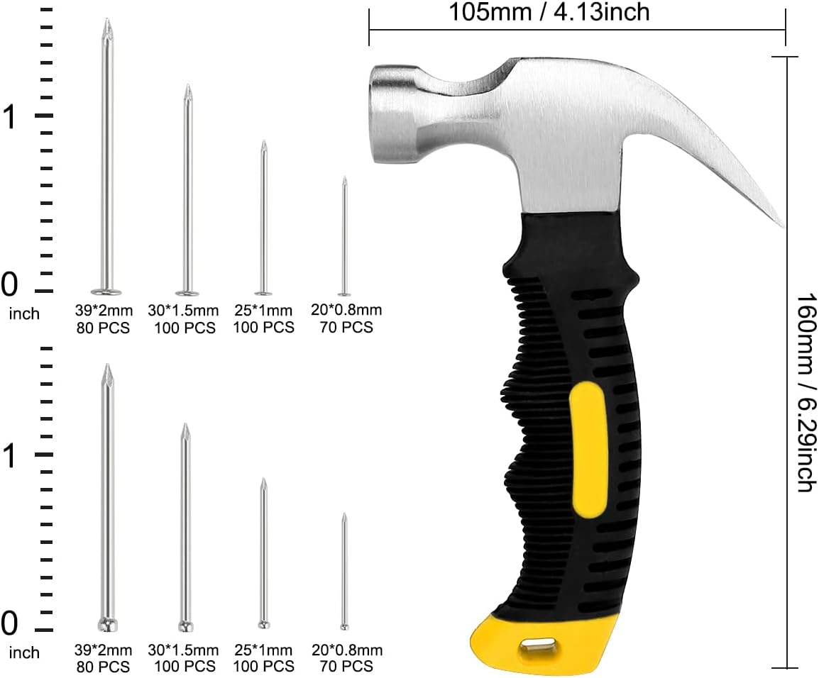 KURUI 560Pcs Small Nails for Hanging Pictures Assortment Kit & 8Oz Small Hammer, Mini Hammer Set with Hardware Nails Assorted Set, 280 Wall Nails & 280 Finishing Nails image number 3