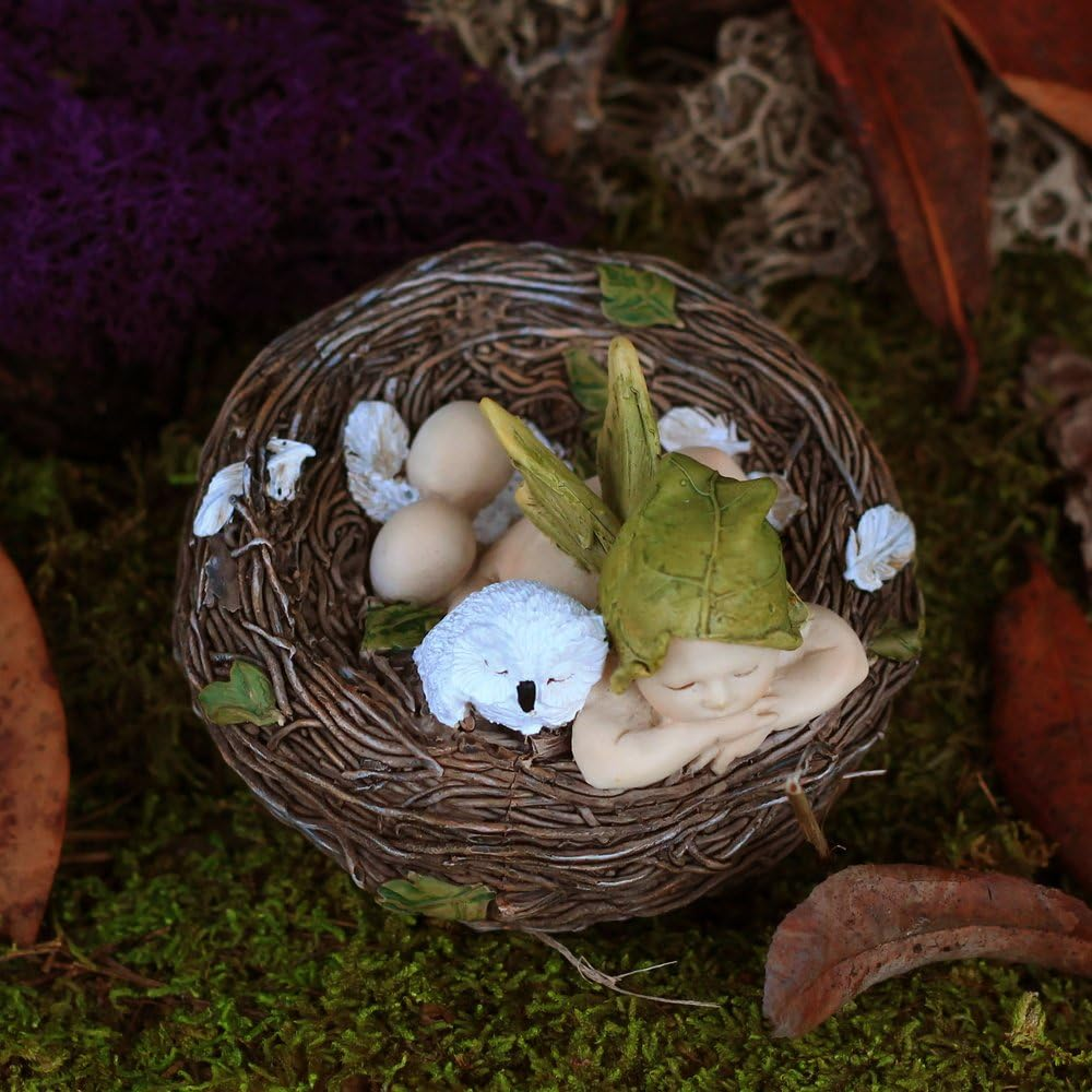 Top Collection 4202 Sleeping Fairy Baby with Owl in Nest Figurines, White, Brown, Cream, Green image number 2