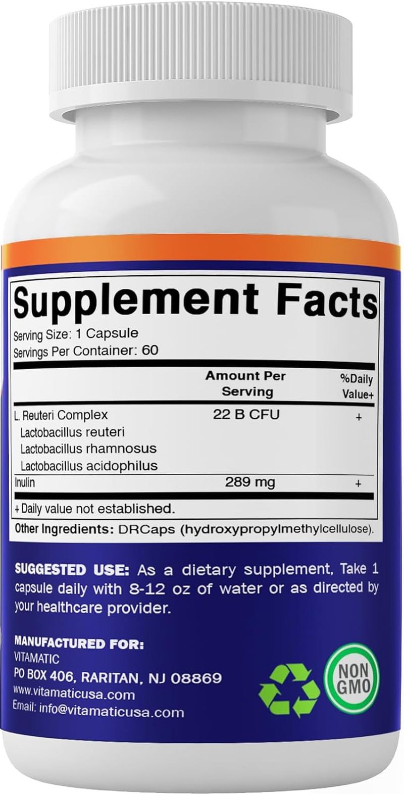 Vitamatic Lactobacillus Reuteri Complex - 22 Billion per DR Capsule - 60 Count - Digestive Support - Made with Prebiotic Inulin Fiber image number 3