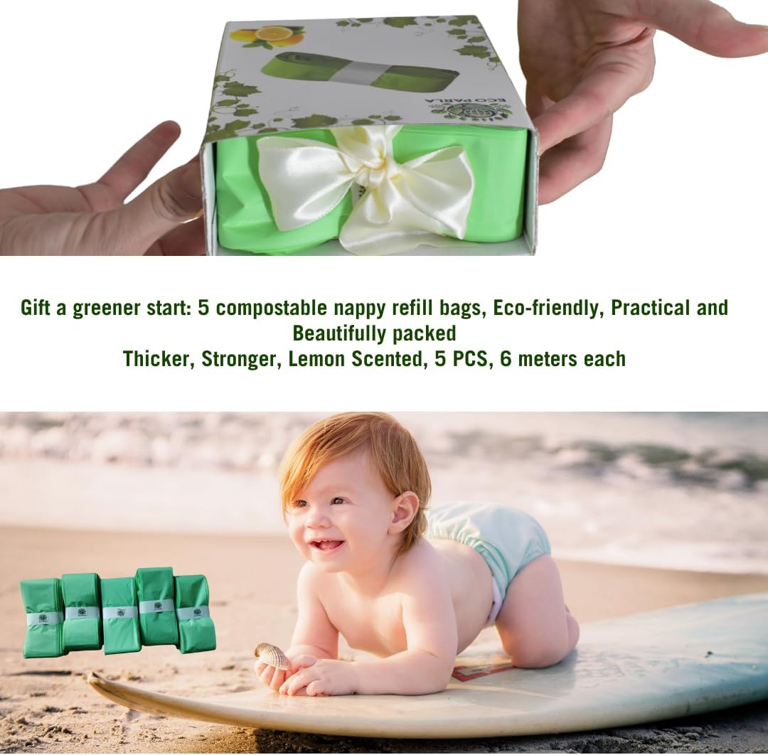 Eco-Friendly 5-Pack Biodegradable Diaper/Nappy Bin Refill Bags &ndash; Fits Tommee Tippee & Angelcare &ndash; Odour-Locking, Durable, Germ Protection &ndash; 6M Each &ndash; Ideal for Newborns (Cassette Not Included) image number 1