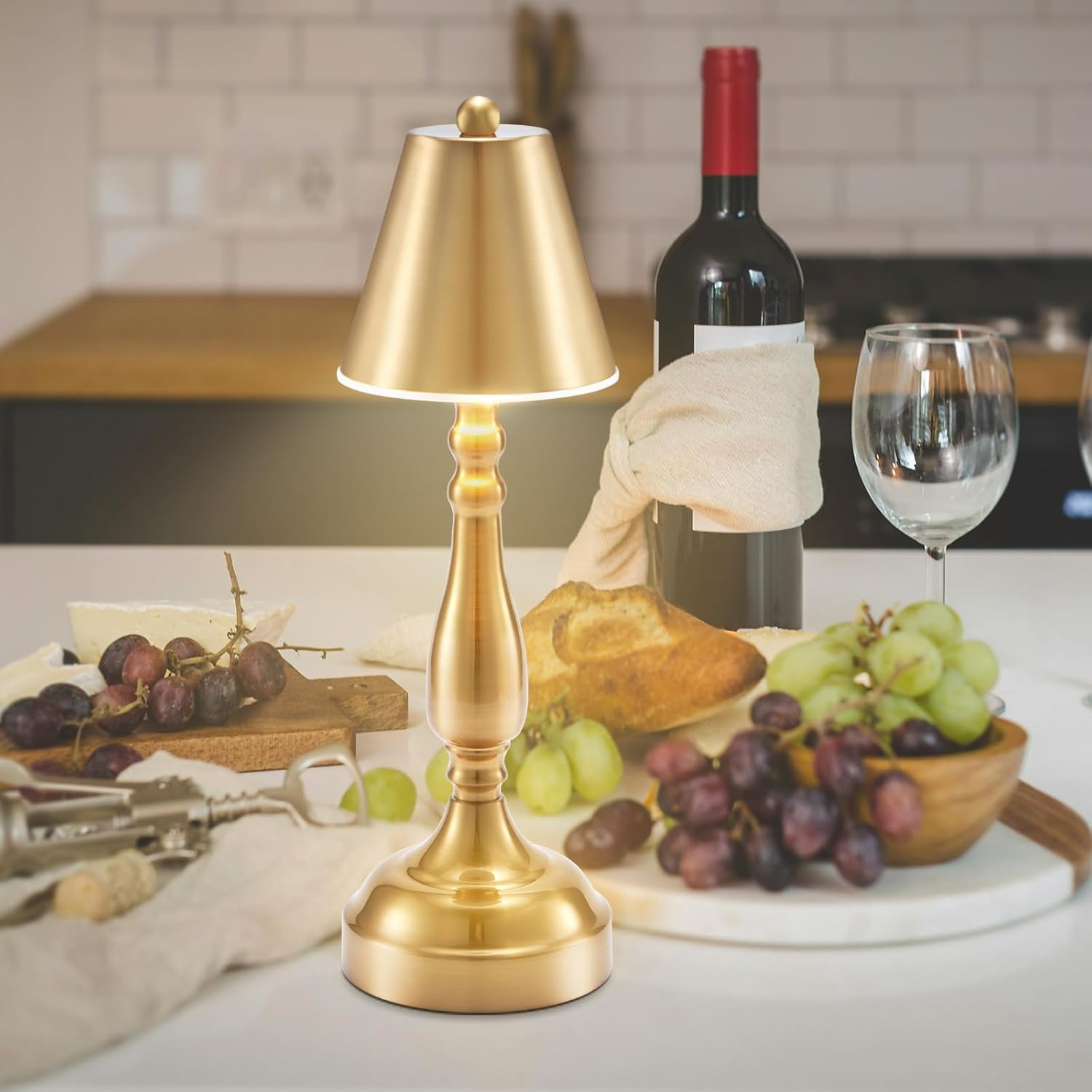 Rechargeable Cordless Table Lamp for Restaurant Dinner Table, 5000Mah Battery Operated Lights, Small Portable 3 Color Stepless Dimming Touch Lamp for Bedroom Kitchen Dining Room Outdoor Patio, Brass