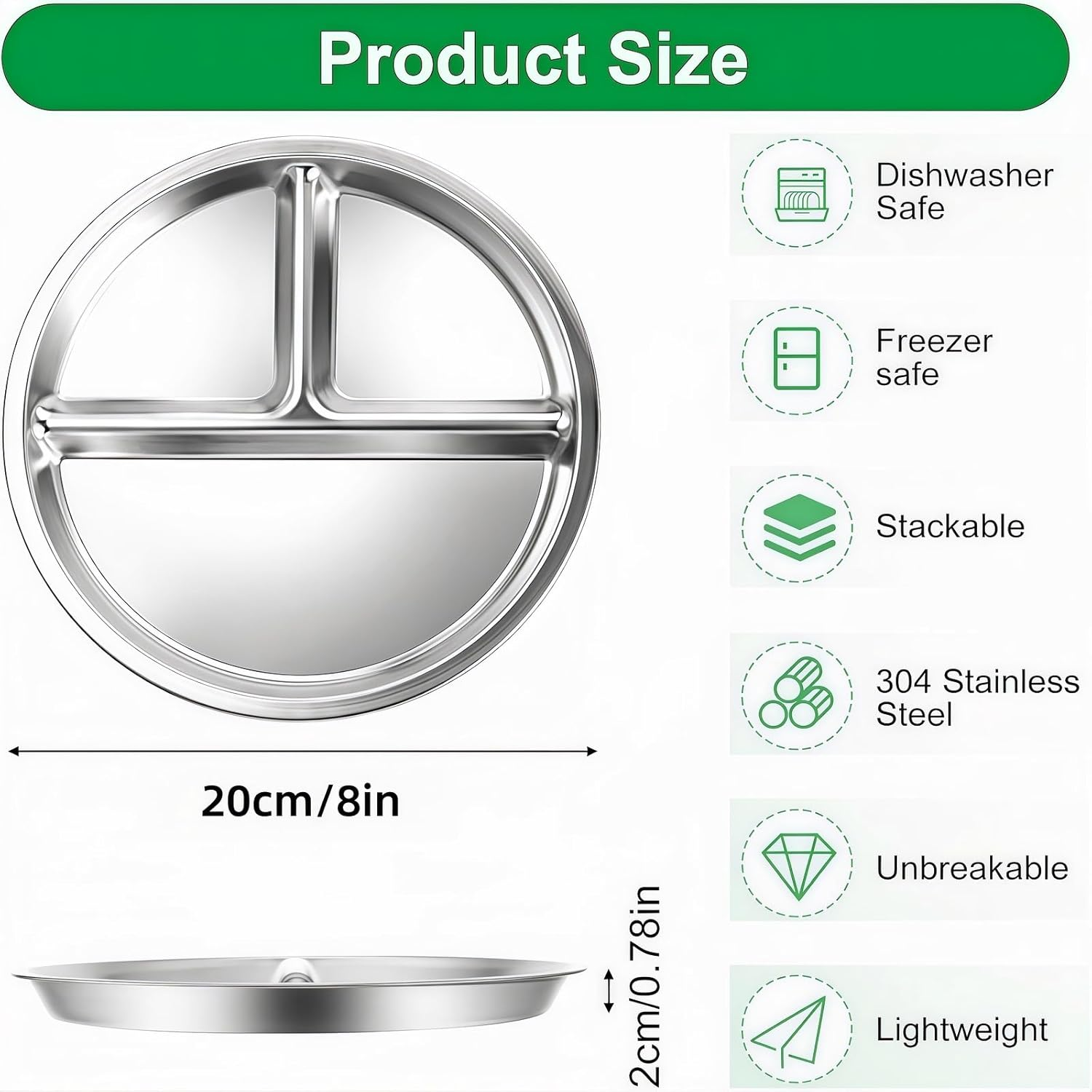 4 Pack Stainless Steel Kids Plates,8In Portion Control Platter with 3-Compartment 304 Stainless Steel，Easy to Clean Plate for Adults Kids of Camping, Breakfast ，Lunch and Dinner image number 4