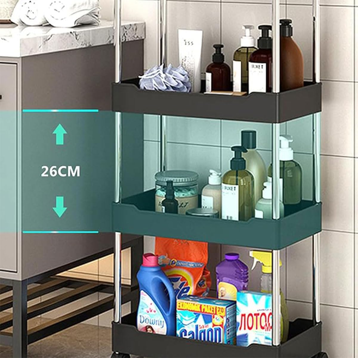AIMALL Multi-Layer Bathroom Kitchen Storage Trolley Rack, Rolling Utility Organizer, Stainless Steel and Plastic, Easy to Assemble, White and Black image number 3