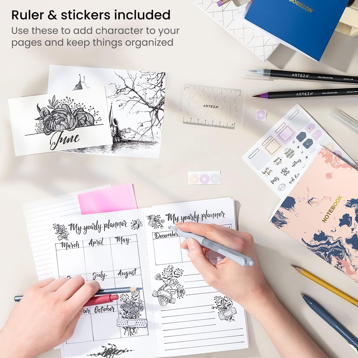 Arteza Pocket Notebooks, Set of 5, 5 X 8 Inches, 40 Sheets Each, Butterfly Designs, 2 Dotted, 2 Ruled, and 1 Blank Softcover Journal with Smooth Paper, Art Supplies for Writing and Sketching image number 1