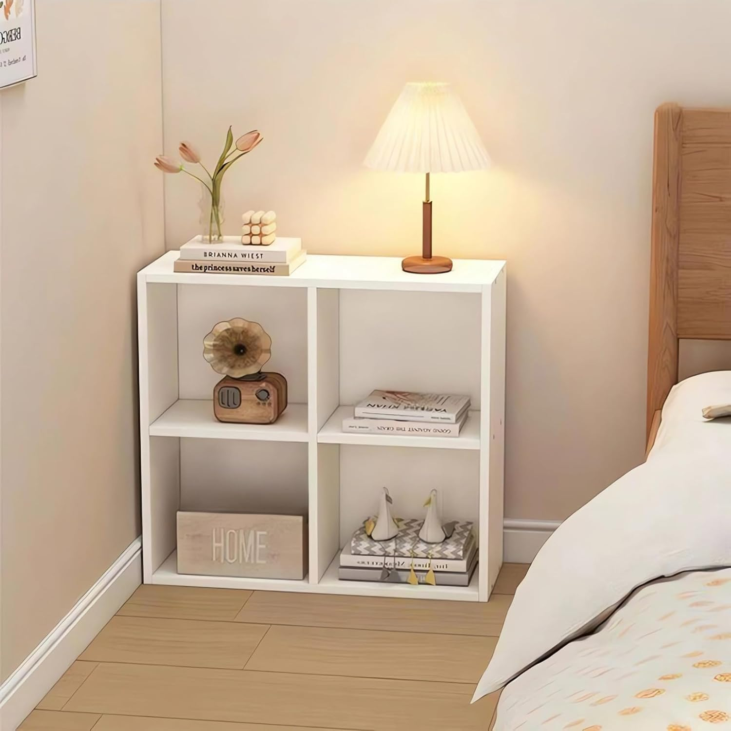 Modern Cube Storage Bookcase, White, 4-Compartment Organizer Shelf, Wood Display Shelf Unit, Books Shelves, Living Room, Bedroom, Home Office Bookshelf A0063 (White)