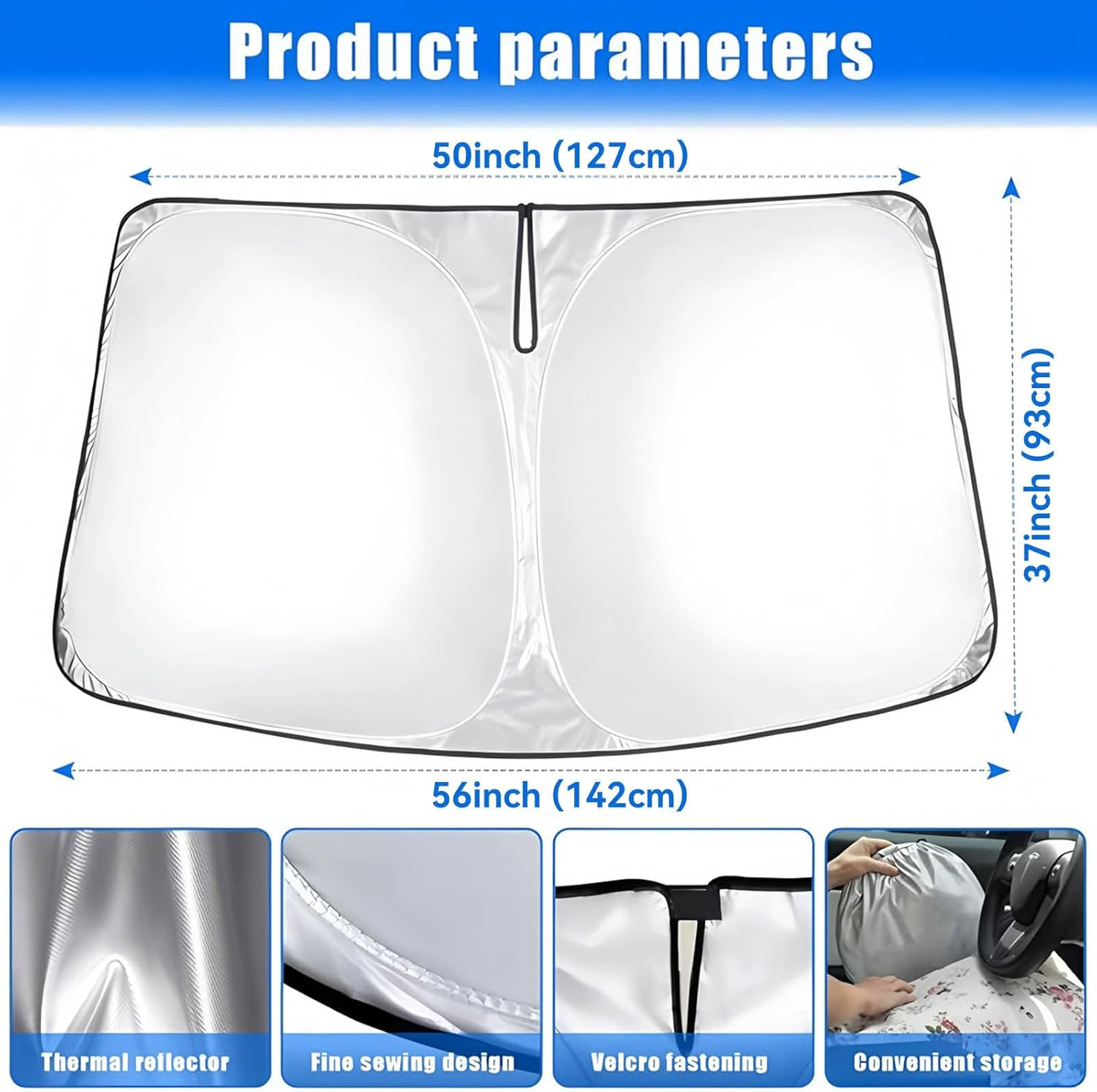 Sunshade for Tesla Model Y Model 3, 142X93Cm Foldable Car Sun Shield, Front Windscreen Sunshade with Storage Bag, Thickened Silver Plated Curtain Sun Visor Accessories 2025 for Tesla image number 2