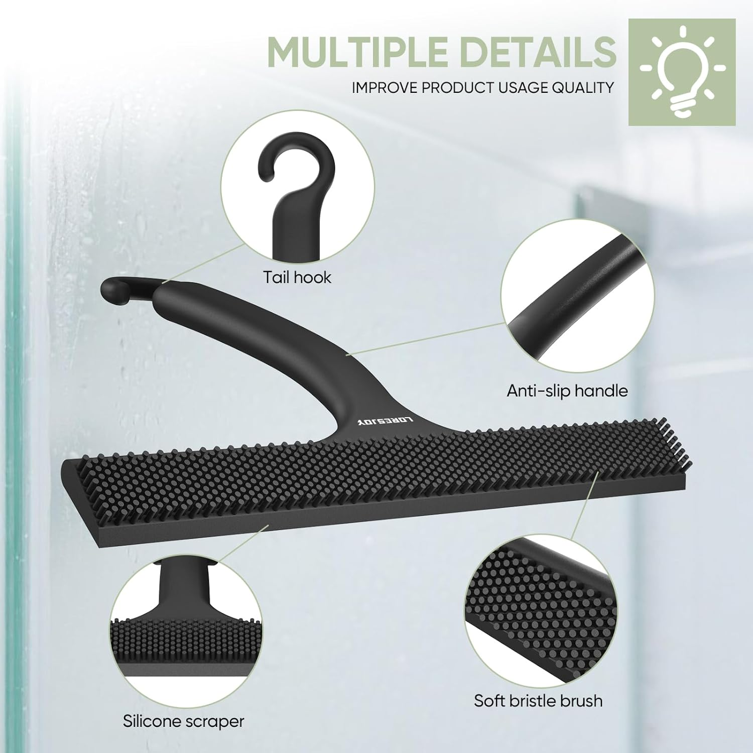 LORESJOY Shower Squeegee, Imprint-Free Cleaning Shower Squeegee Black for Glass Doors, Silicone Shower Squeegee, Shower Squeegee for Shower, Bathroom, Mirror, Glass Cleaning, Tiles image number 2