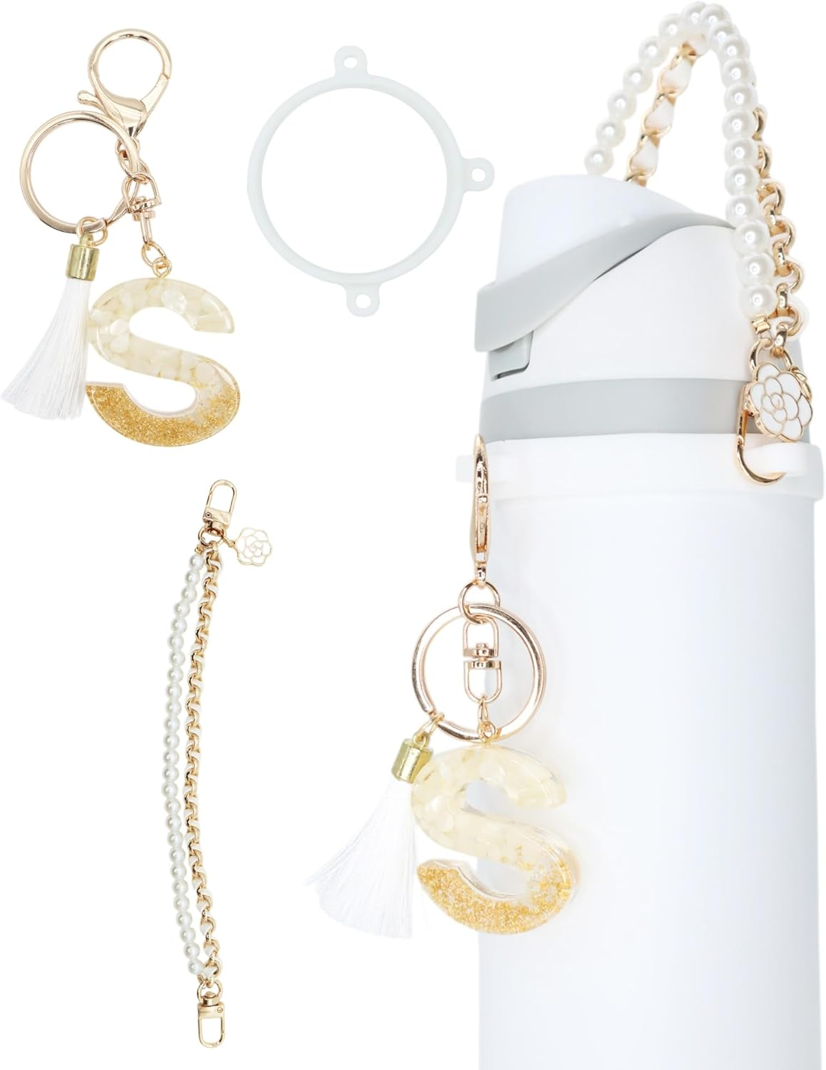 TOVICE Letter Accessories for Owala Water Bottle 24-40Oz, 3PC Cute Initial Keychain & Water Bottle Handle Strap with a Thick Elastic Silicone Ring Holder