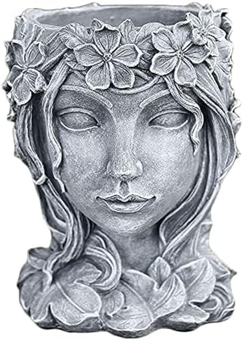 YANMILIA Head Planter Face Flower Pot Goddess Statue Planter Decorative Girl Portrait Planter Indoor Outdoor Girl Face Flower Vase Container Planter (Gray) image number 6