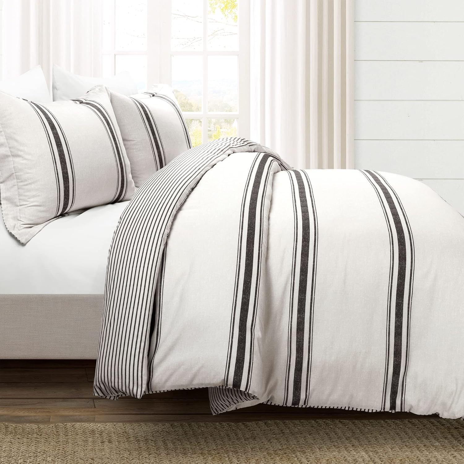 Lush Decor Farmhouse Stripe Reversible 100% Cotton Duvet Cover Set - 3 Piece Cozy Pinstripe Bedding Set - Classic Modern Rustic Charm Bedroom Decor - Full/Queen, Black - Yellow  Gray image number 5