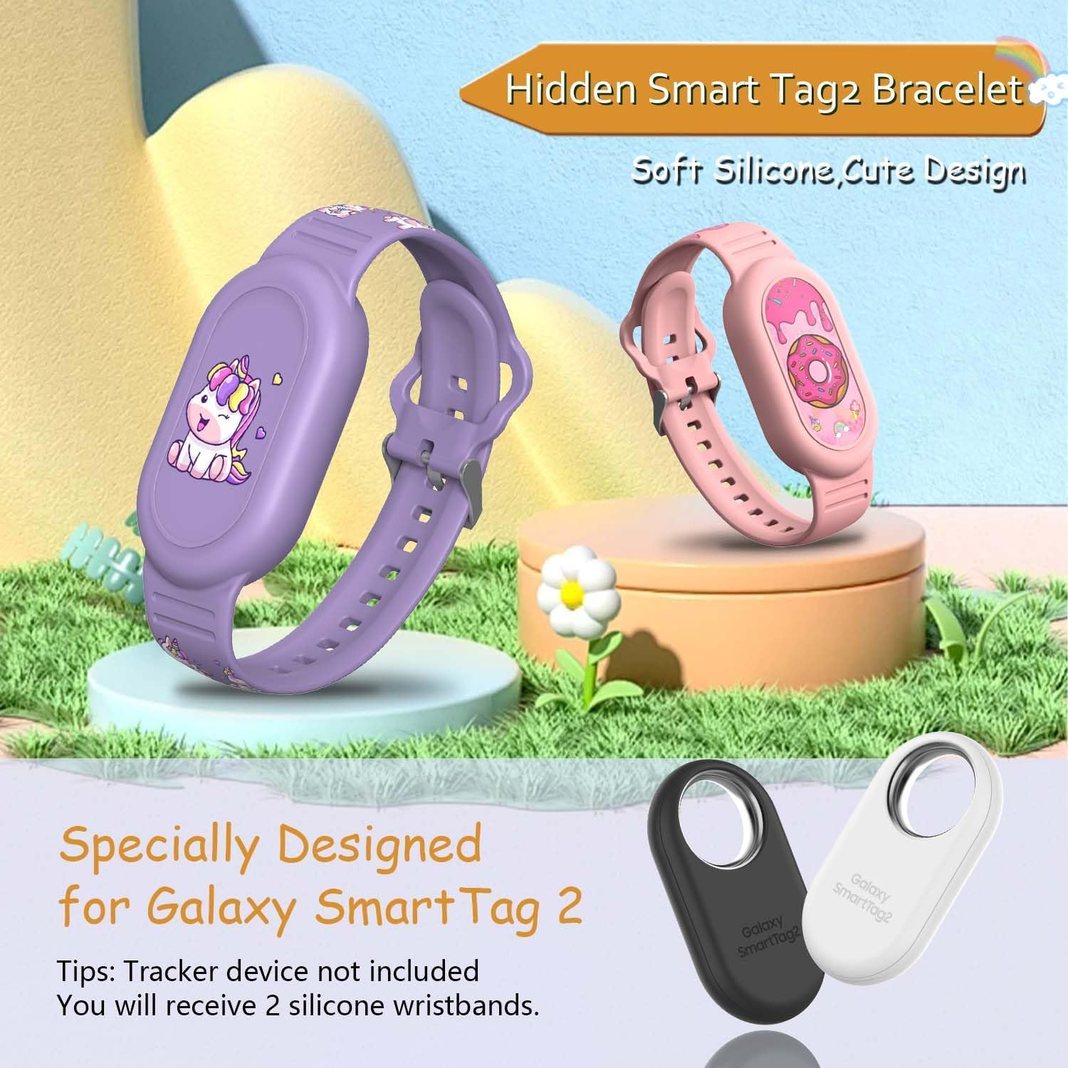 [2Pack] Cute Bracelet for Galaxy Smarttag 2 (2023), Silicone Cartoon Smart Tag 2 Wristband Holder Compatible with Samsung Smarttag 2 Waterproof Smart Tag 2 Case for Kids Elderly(Unico & Donuts) image number 4