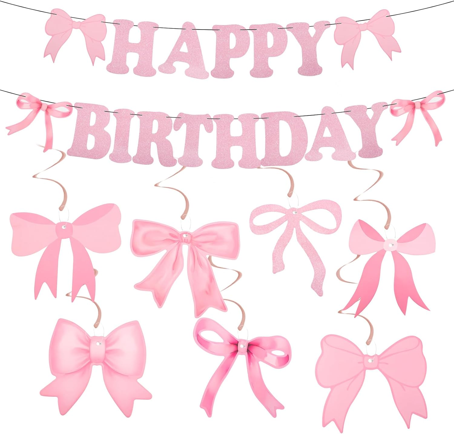 Bow Happy Birthday Banner, Pink Bow Birthday Garland Bow Birthday Banner for Women Girls Birthday Party Decoration image number 1
