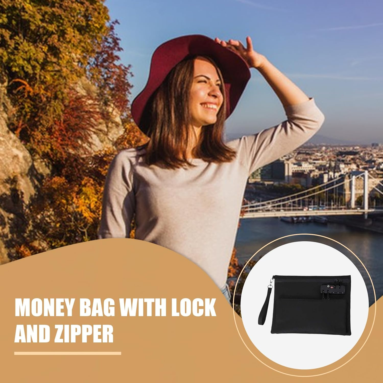 Money Bag with Lock with Zipper - Double Layer Portable Waterproof Money Bag for Banking Pockets Cash Envelopes Wallet for Passport Coin Bills Cosmetics for Camping School Hospital Car image number 5