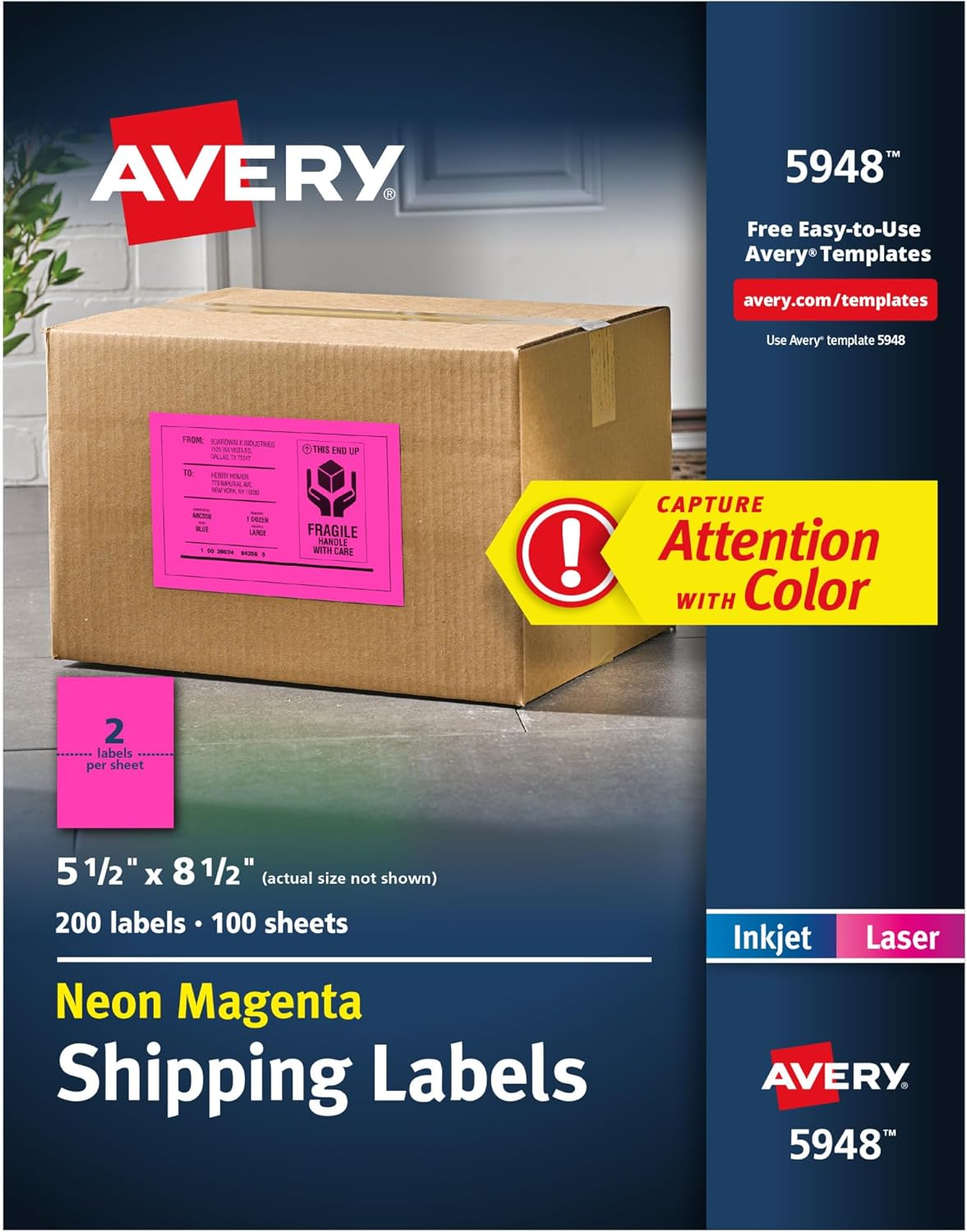 Avery Fluoro Orange High Visibility Shipping Labels for Laser Printers, 99.1 X 67.7 Mm, 200 Labels (36103 / L7165FO)