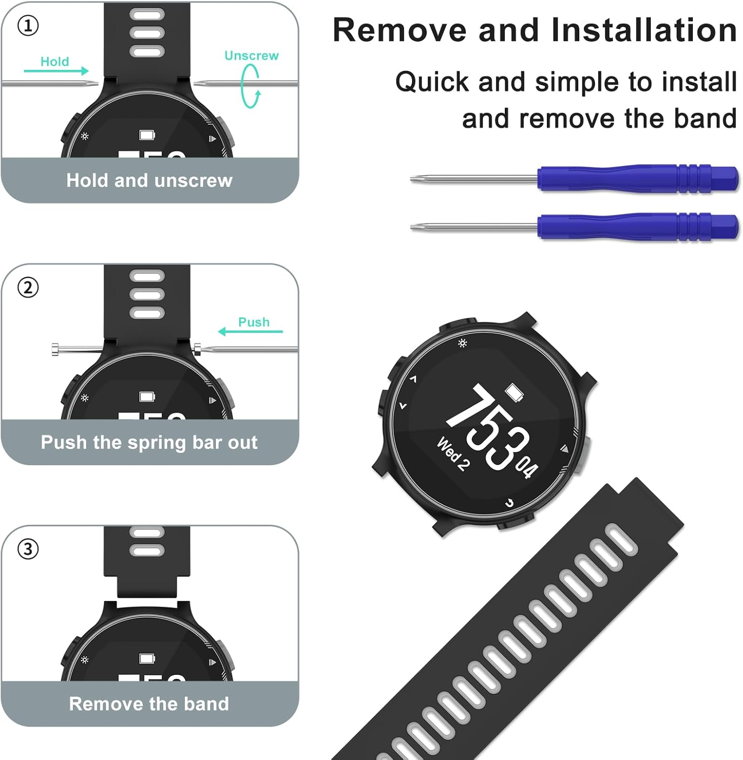 Silicone Band for Garmin Forerunner 735XT Band/Forerunner 220 230 235 630 620, Adjustable Sport Replacement Straps Watch Bands Men Women for Garmin Approach S5 S6 S20 - Black /Gray image number 3