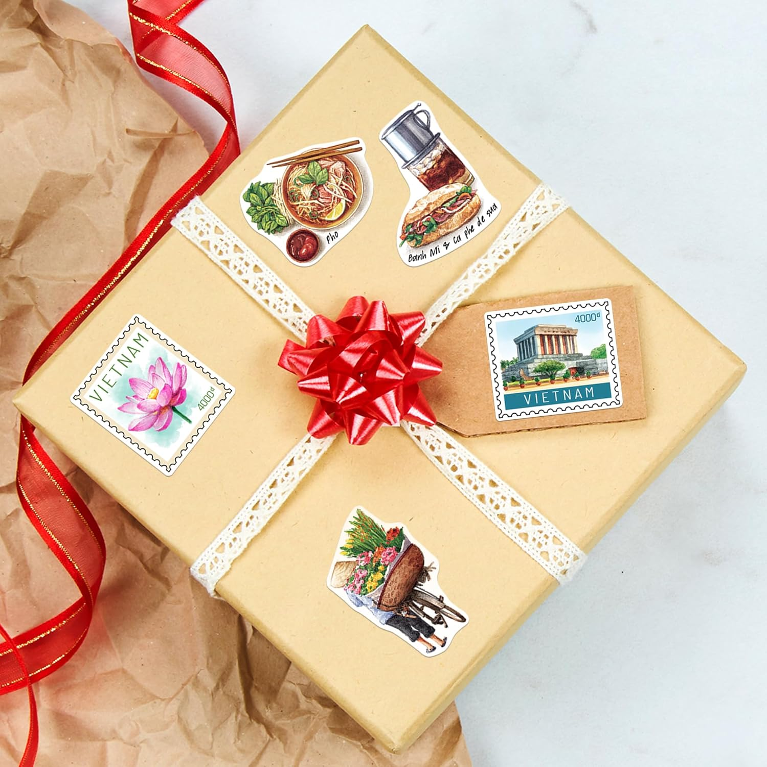 Navy Peony Vibrant Vietnam Travel Stickers (28Pcs) - Watercolor, Vietnamese-Themed Vacation Decals for Journals, Scrapbooks, Luggage, Tumbler image number 2