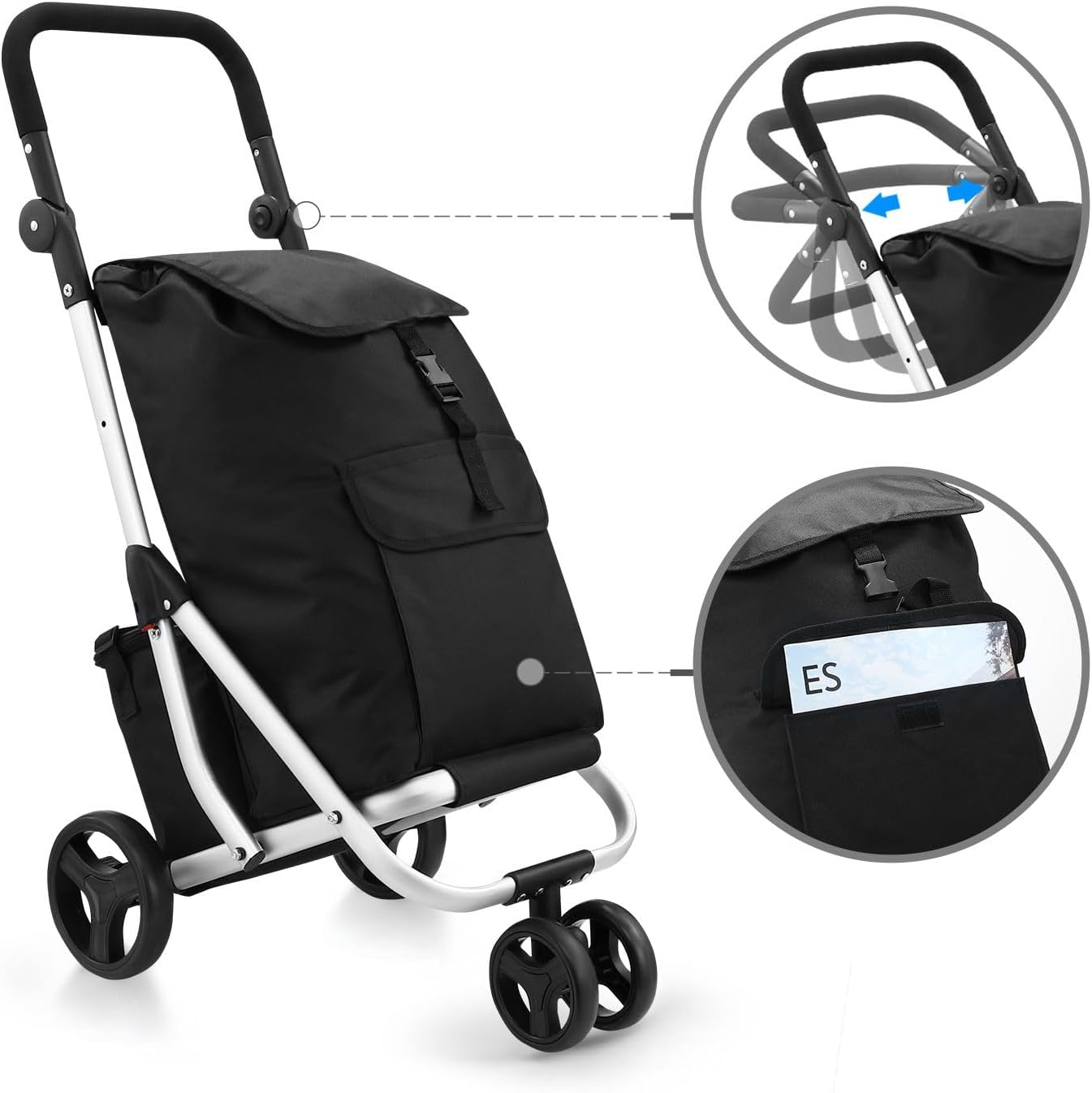 Maxkon Aluminium Shopping Trolley Waterproof Utility Cart Foldable Shop Grocery Bag with Insulation Bag Market Luggage with Wheels Black 45L image number 6