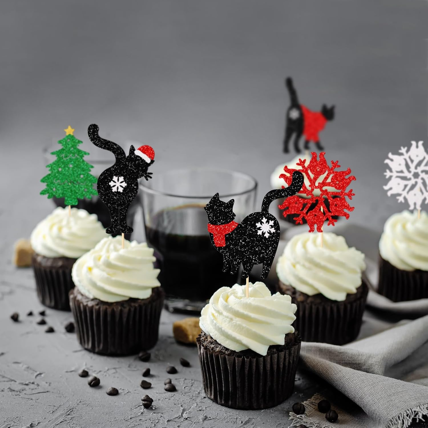 Black Cat Christmas Cupcake Toppers, Christmas Cat Party Decorations, Meow Christmas Party Decor, Christmas Cupcake Toppers for Cat Lovers, 24Pcs image number 3