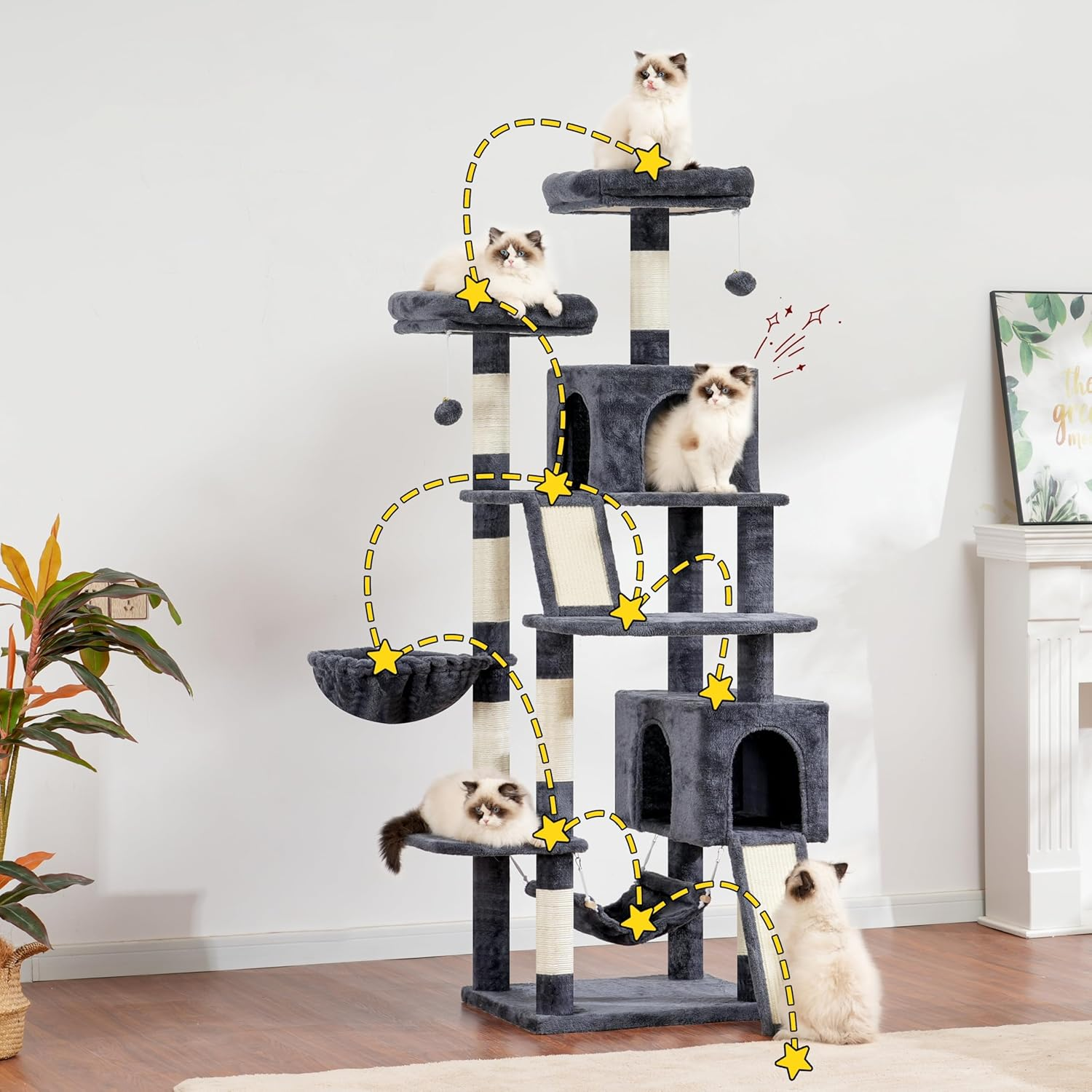 Gitelsnour Cat Tree, 71'' (180Cm) Cat Tower for Indoor Cats Large Adult, Multi-Level Cat Tree Tower with 2 Scratching Boards/Posts, 2 Plush Perches, 2 Cat Condos, Hammock, Smoky Gray GCT032G - Black And Red image number 6
