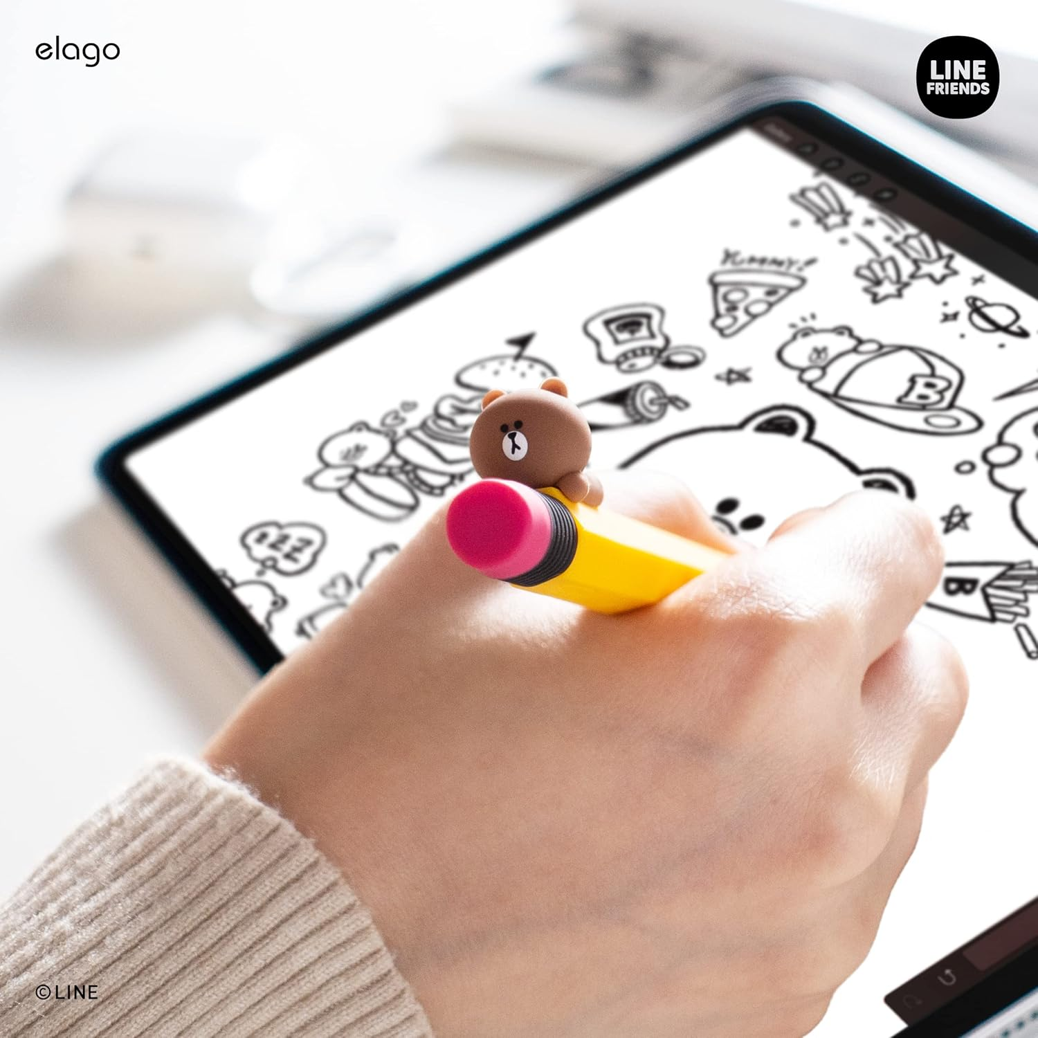 Elago | LINE Friends Compatible with Apple Pencil Pro Case & Apple Pencil 2Nd Generation Case, Compatible with Magnetic Charging, Double Tap, Squeeze, Haptic (Brown)