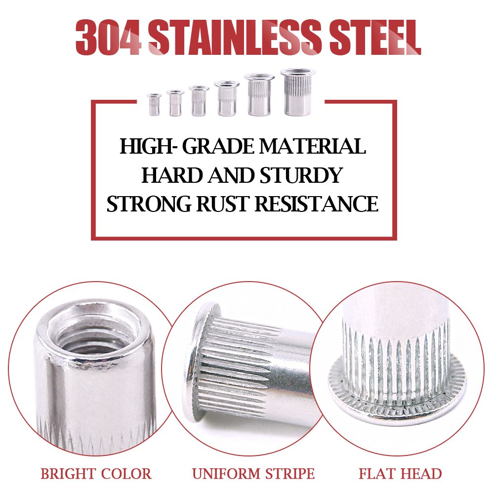 Hilitchi 180-PCS M3 M4 M5 M6 M8 M10 Flat Head Rivet Nut Threaded Rivetnut Insert Nutsert Assortment Kit- 304 Stainless Steel