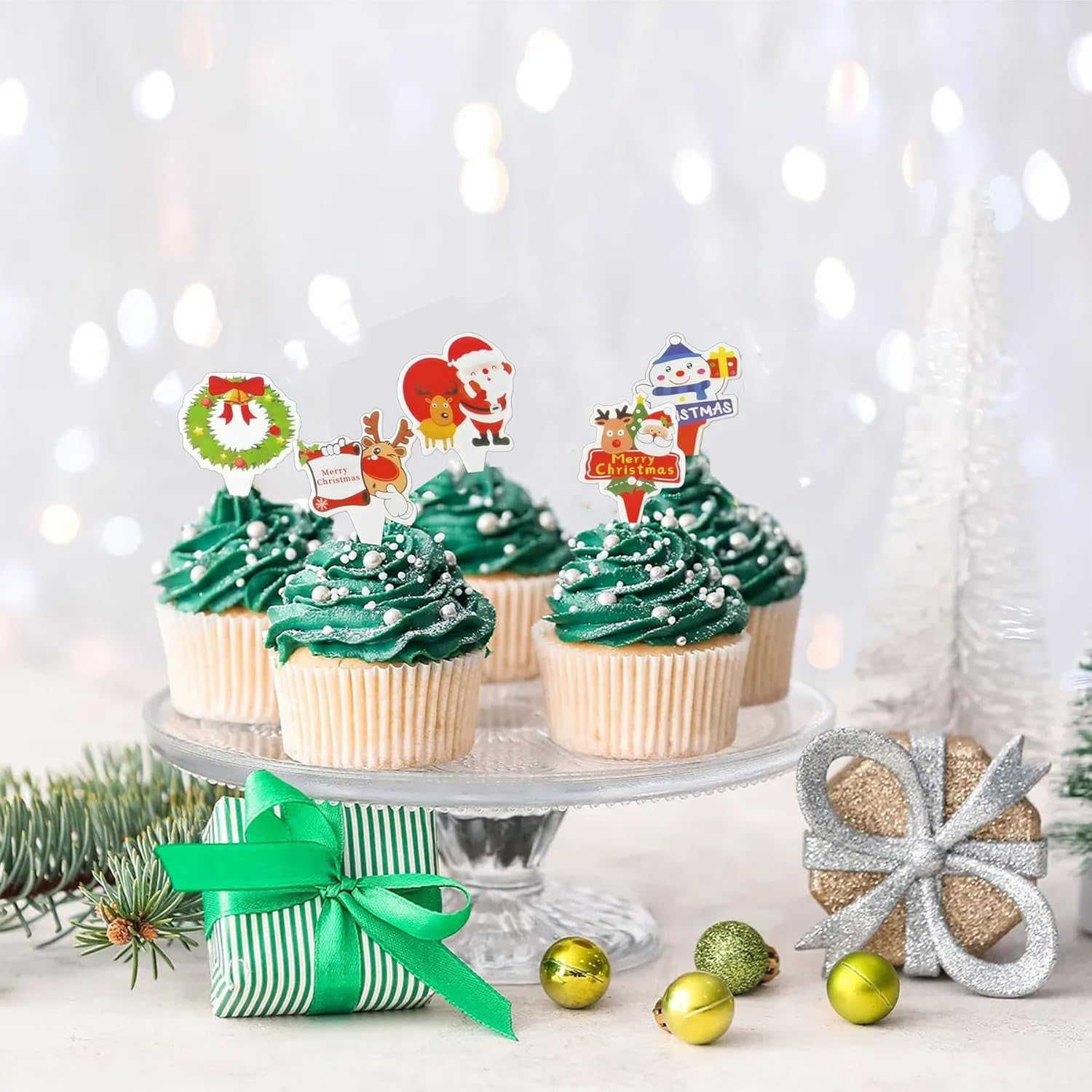 70PCS Christmas Cupcake Toppers Santa Claus Reindeer Snowman Cake Topper DIY Cake Insert Topper Christmas Toothpick Flags Cake Decorations for Christmas Party Holiday Supplies (B) image number 2