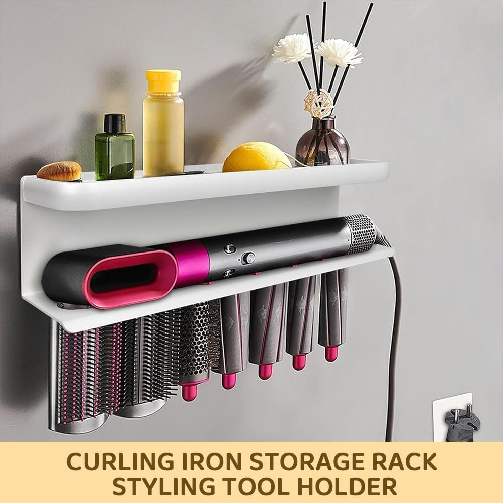 Wall Mounted Holder Compatible with &ndash; Space Aluminum 2-Tier Storage Rack for Curling Iron, Hair Dryer & Attachments &ndash; Bathroom Organizer Shelf image number 2