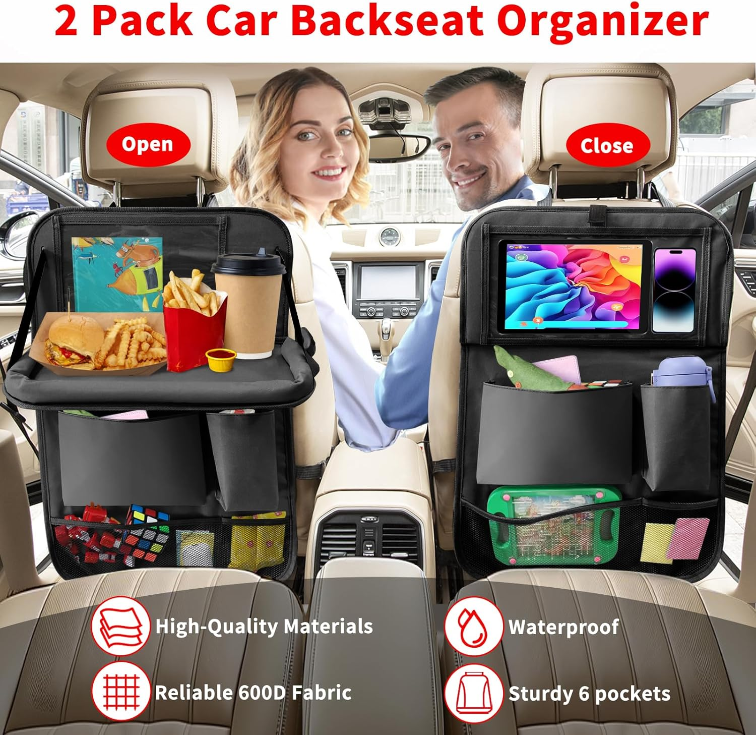 Etre Jeune Car Backseat Organizer with Tablet Holder, 6 Storage Pockets Foldable Table Tray Seat Back Protectors Kick Mats Travel Accessories, 2 Pack Black