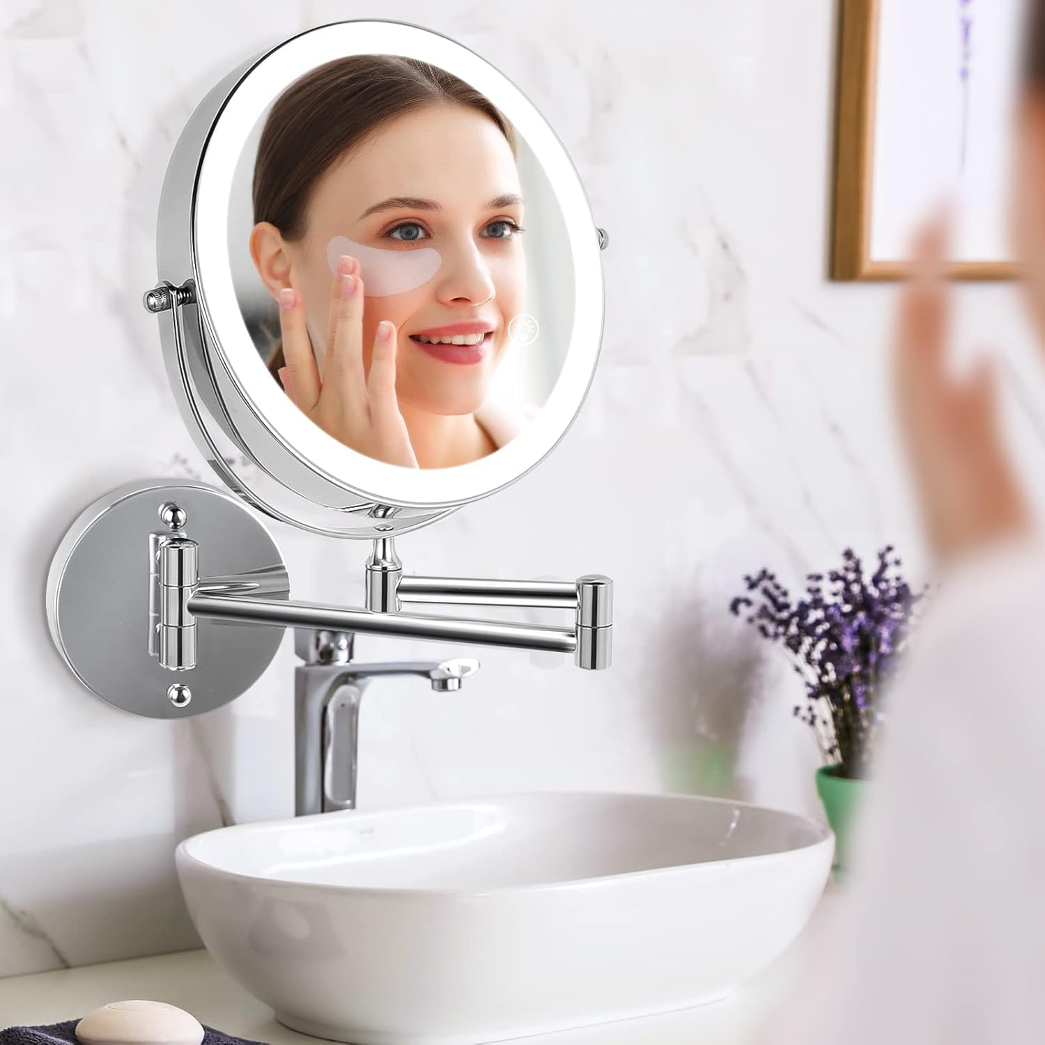 Wall Mounted Lighted Makeup Mirror, 8" Rechargeable Double-Sided Light up Magnifying Mirror 1X/10X, 3 Colors Led Vanity Mirror with Lights, Touch Dimmable 360&deg; Rotation Foldable image number 5