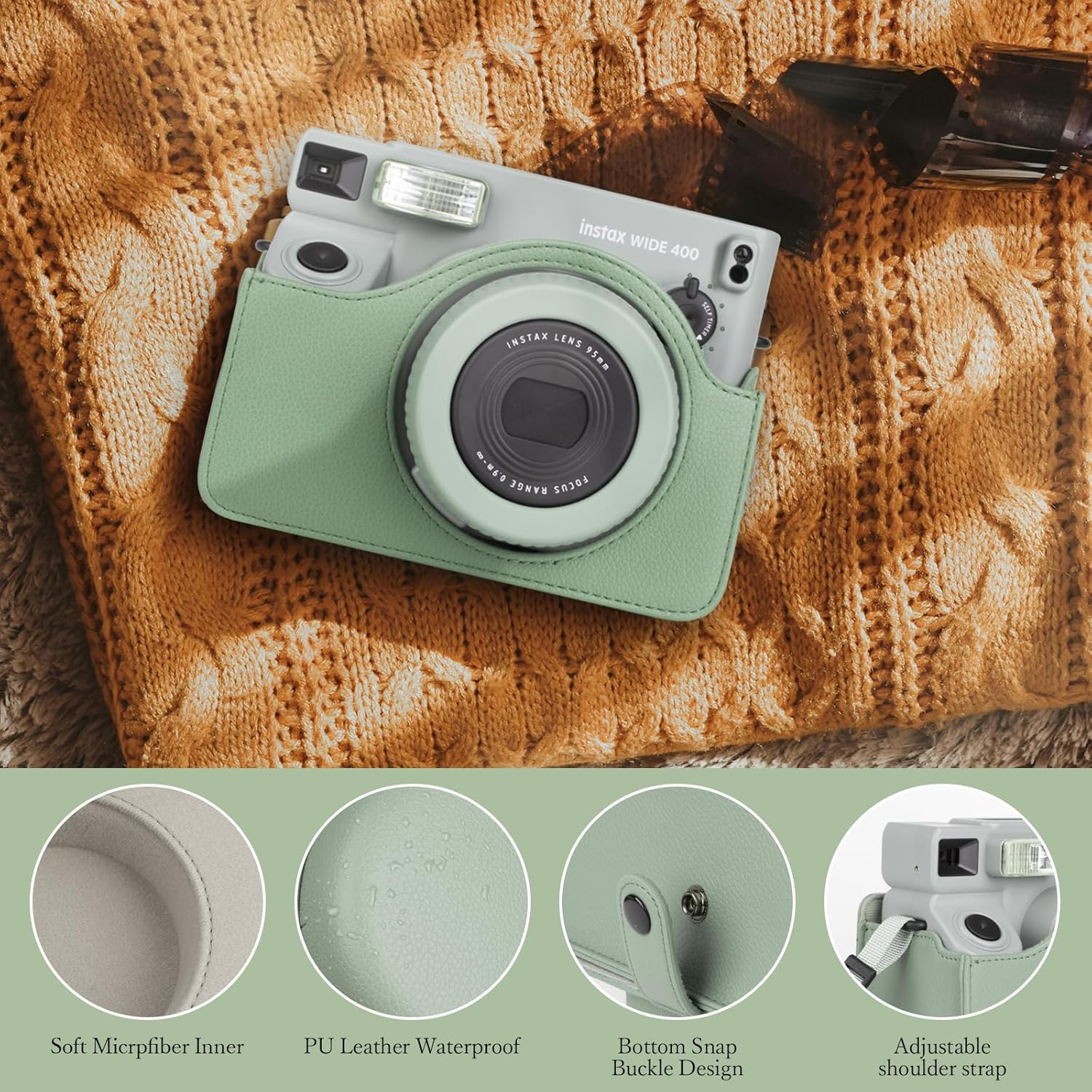 Rieibi Camera Case Compatible with Instax Wide 400，Carrying Case for Fujifilm Instax Wide 400 Instant Camera，Retro PU Leather Camera Bag，Protective Case with Shoulder Strap - Green image number 2