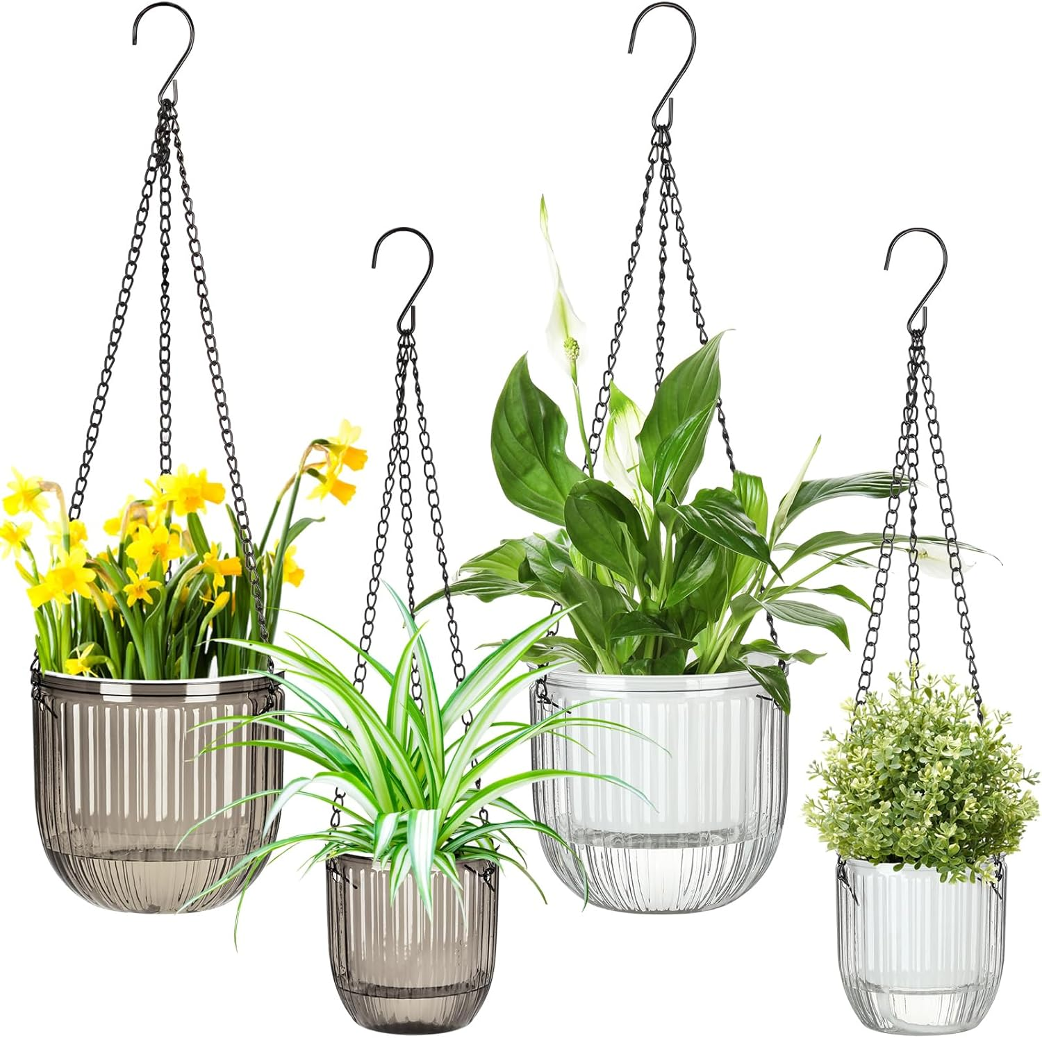 Maxcheck 4 Pcs Self Watering Hanging Planters Indoor Gift 6.5'' 4.5'' Hanging Flower Pots Baskets Outdoor Self Watering Plant with 3Hooks Drainage Holes for Home(Emerald,Clear)