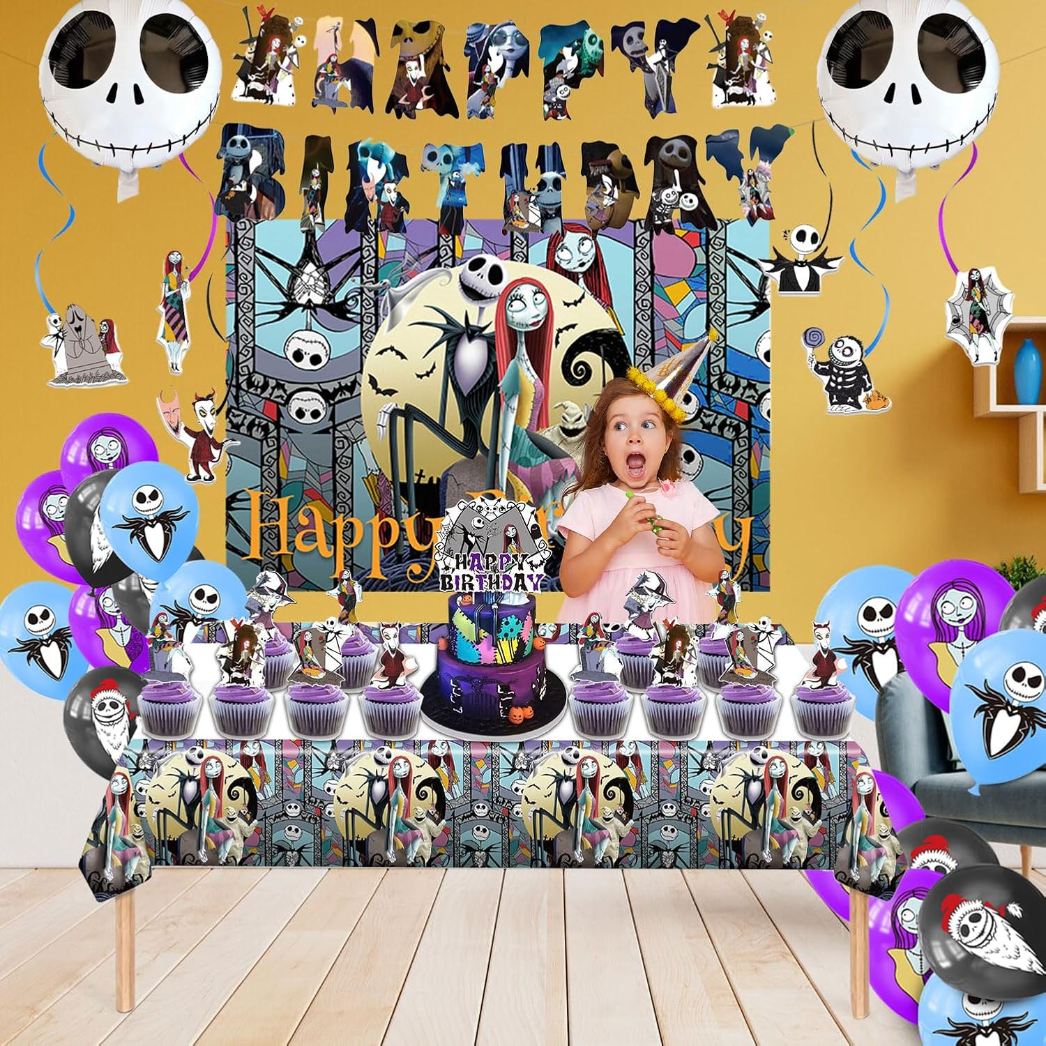 Birthday Decorations, Nightmare Christmas Party Supplies Halloween Birthday Party Decorations Set Includes Banner Balloons Tablecloth Backdrop Hanging Swirls Cake Toppers (42PCS) image number 5
